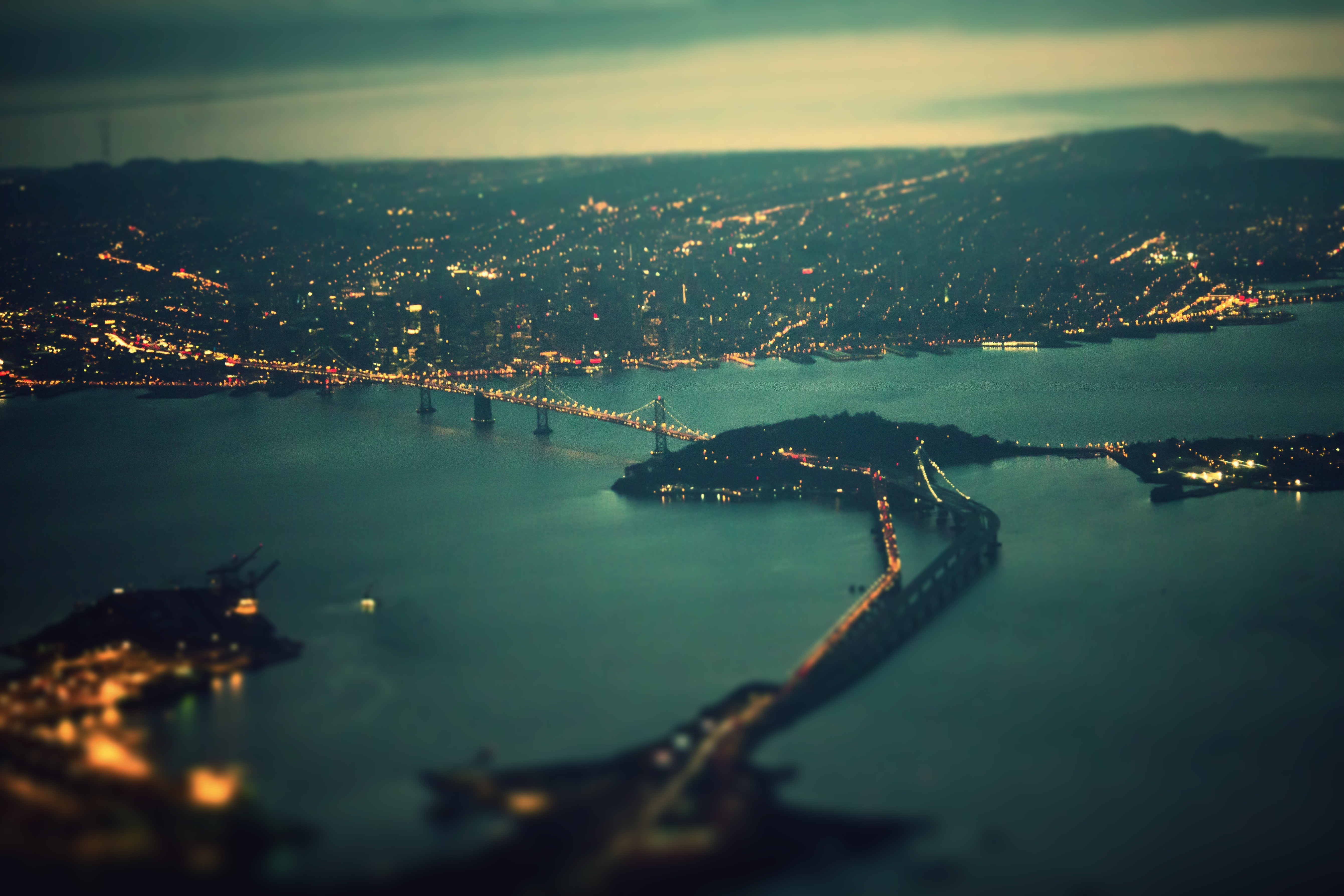 Cityscape City Bridge Lights Filter Evening Tilt Shift Coast San Francisco Oakland Bay Bridge Turquo 5363x3575