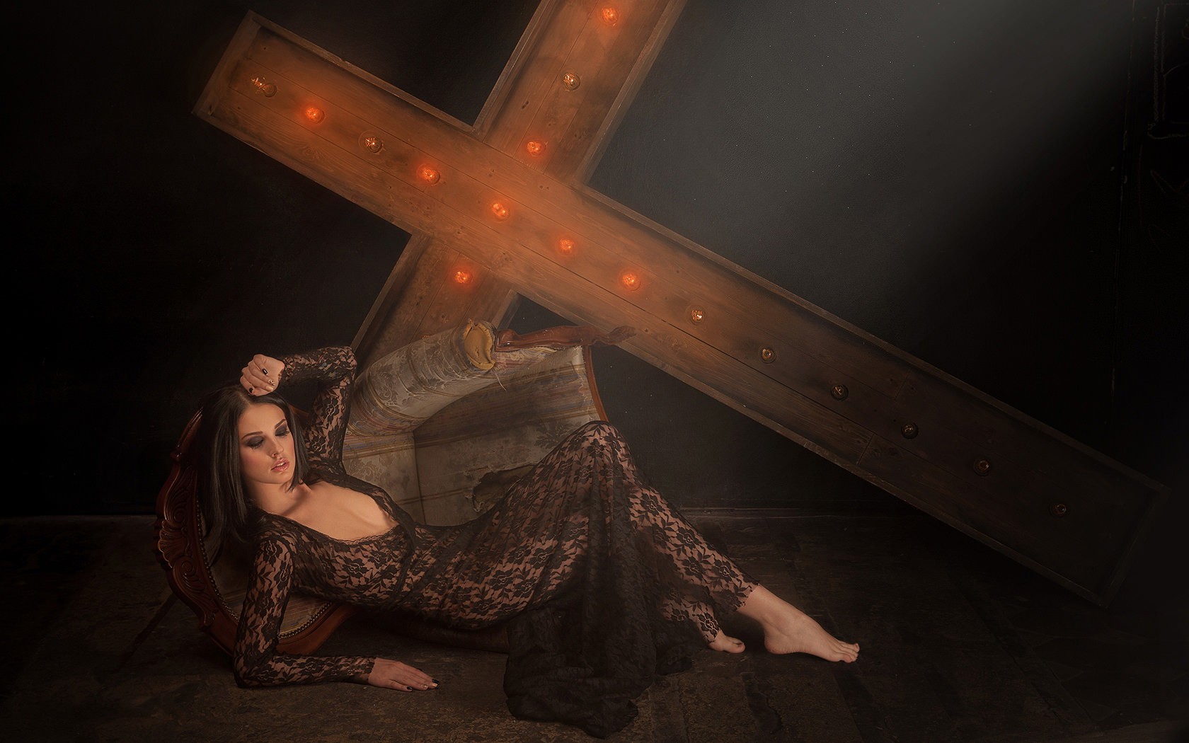 Women Model Alla Berger Dress Closed Eyes Cross Barefoot Brunette Crucifix 1680x1050