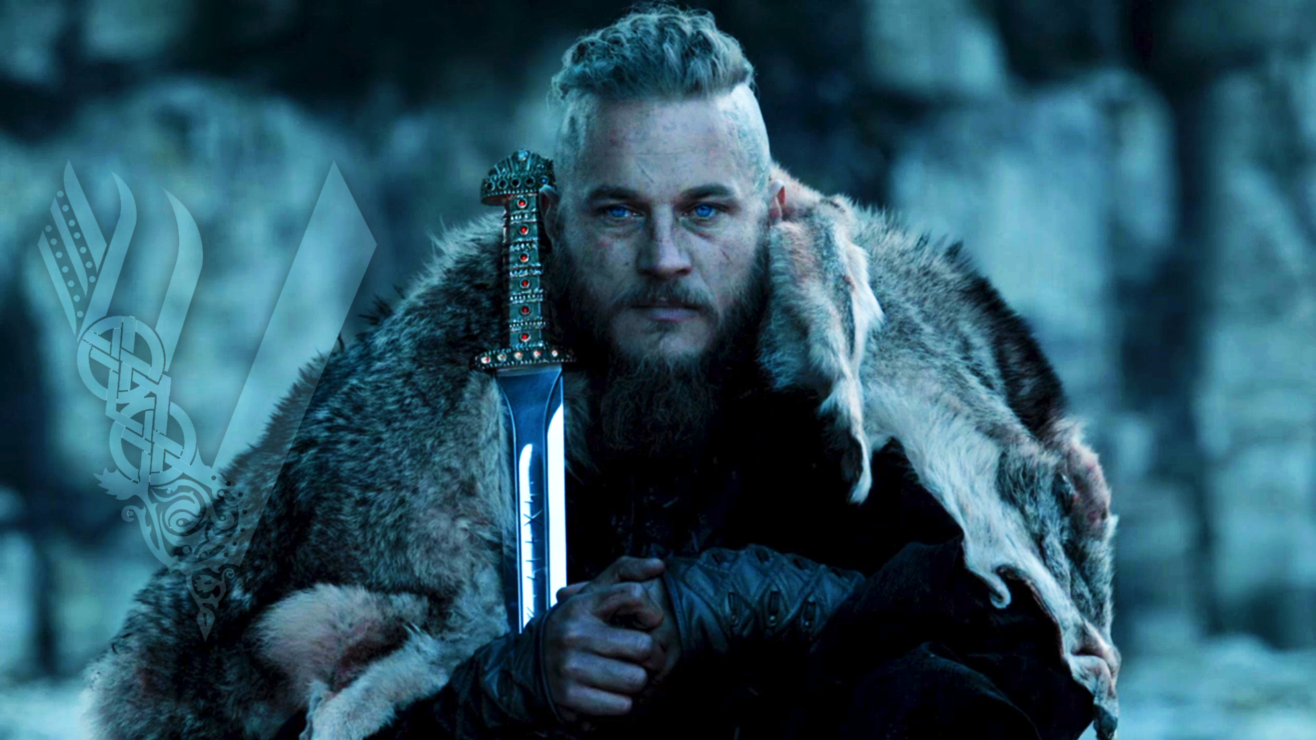 Ragnar Lodbrok Digital Art Vikings Sword Fantasy Men Blue Eyes Cyan 1920x1080