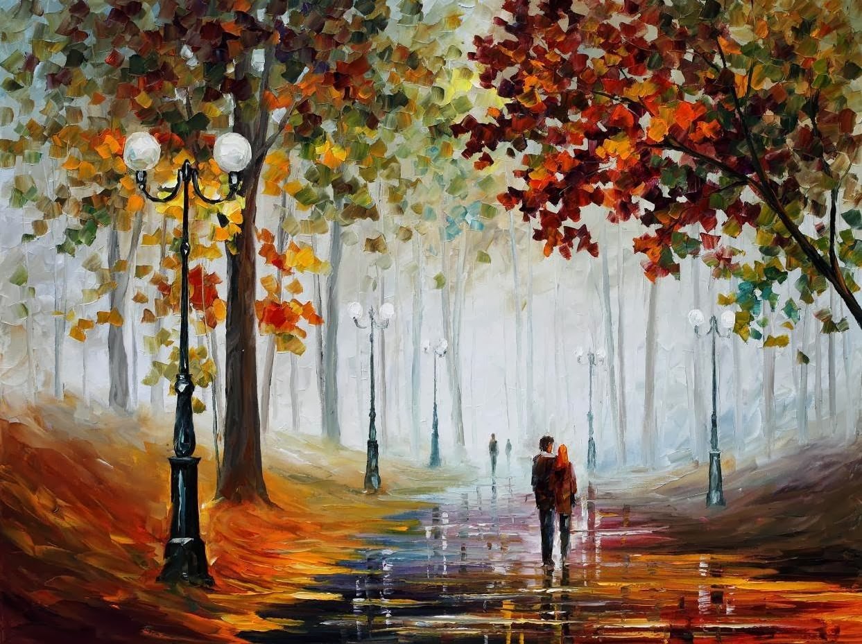 Painting Street Light Couple Fall Path Leonid Afremov 1243x929