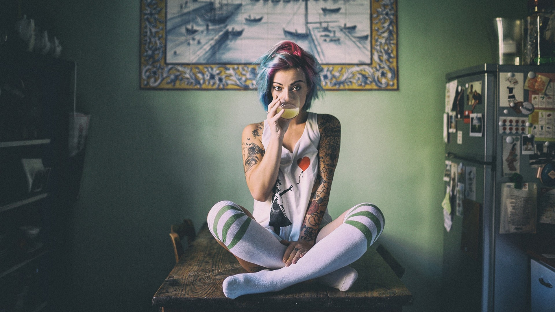 Women Tattoo T Shirt Sitting Table Drinking Glass Knee Highs Dyed Hair Striped Leggings Model 1920x1080