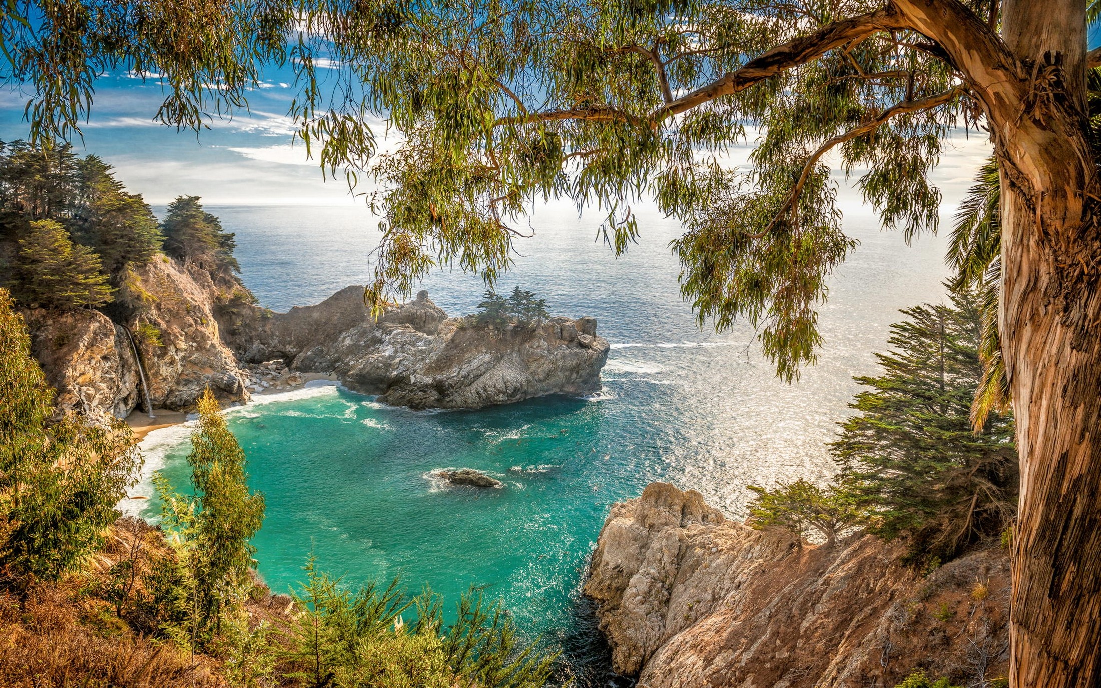 Landscape Nature California Beach Coves Waterfall Coast Sea Trees Shrubs Rock 2200x1375