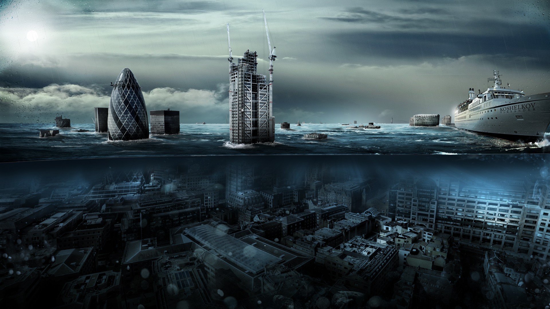 London England UK Split View Sunken Cities Digital Art Alexander Koshelkov City Tsunami Photo Manipu 1920x1080