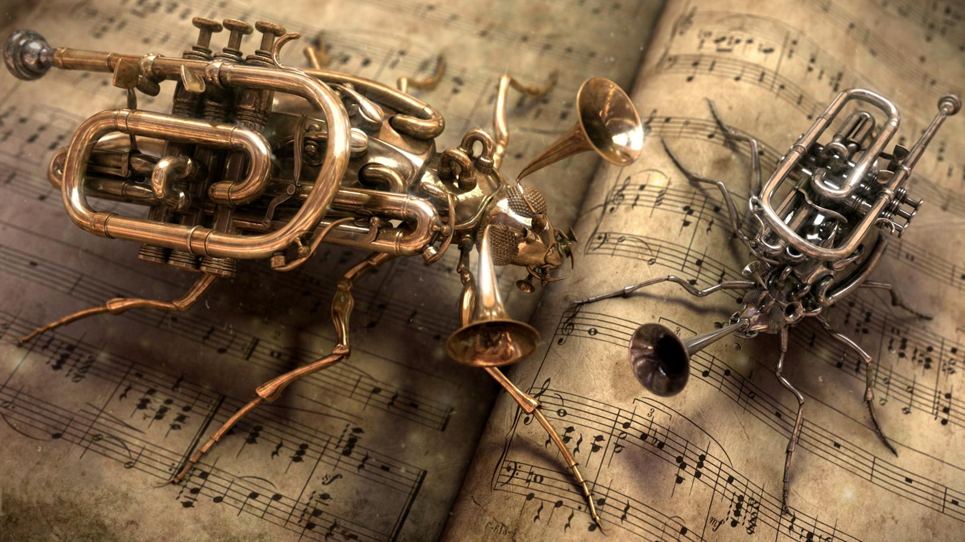 Steampunk Music Trumpets Insect Digital Art 1920x1080