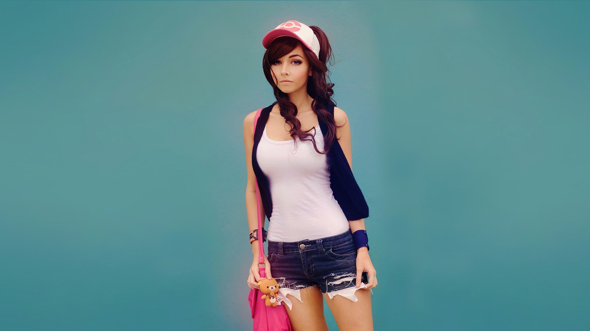 Anime Beethy Pokemon Trainers Simple Background Women Brunette Pokemon Cosplay Hat Jeans Blue Backgr 1920x1080