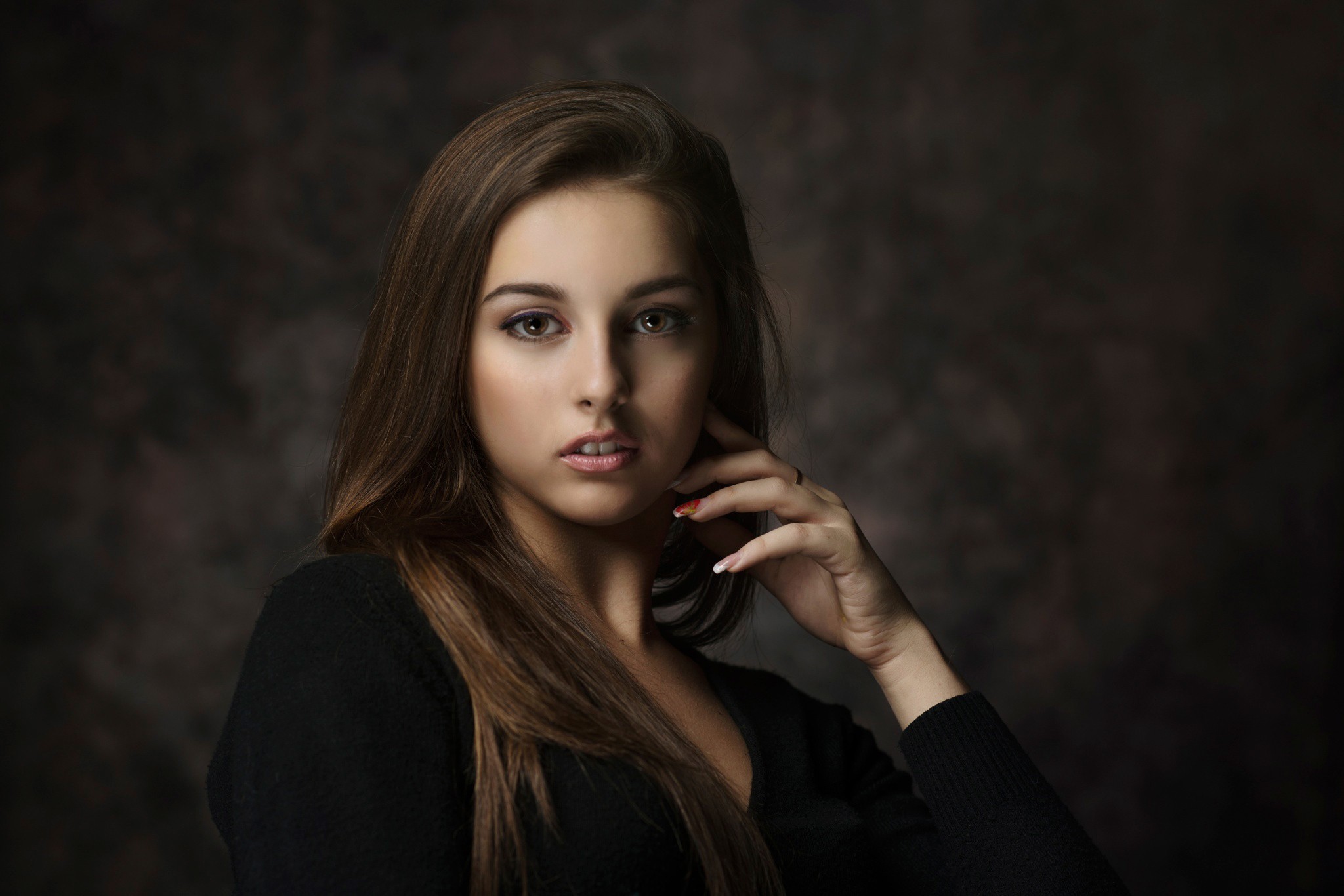 Jana Tsvetkova Women Model Face Portrait Black Sweater Touching Face Brunette Long Hair Pink Lipstic 2048x1366
