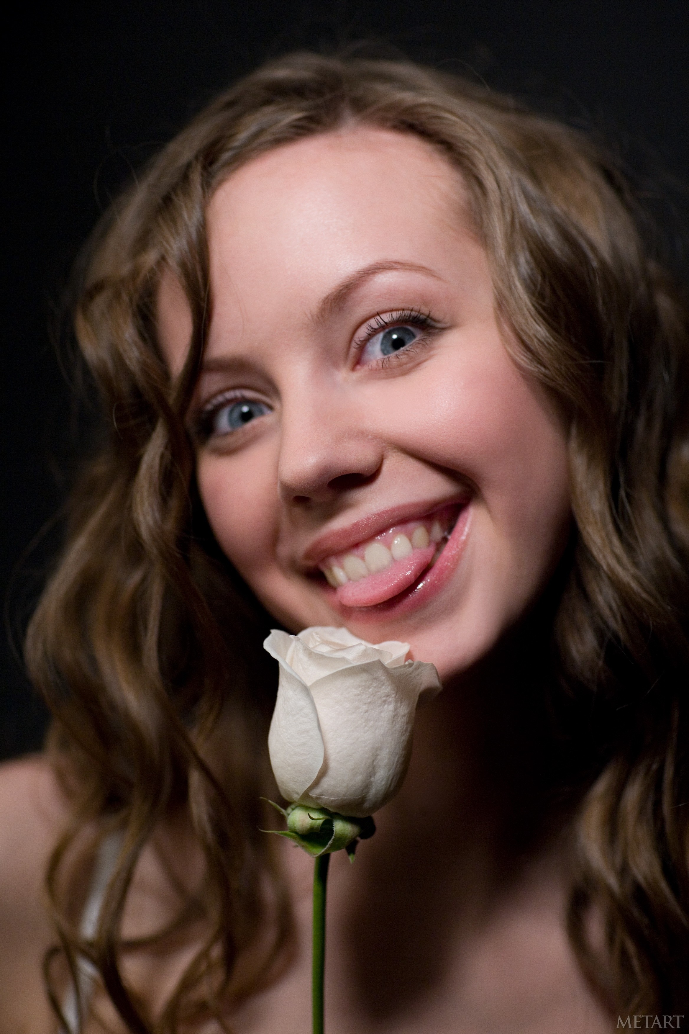 Women Brunette Blue Eyes Smiling Tongues White Flowers Rose Crazy Face 2336x3504