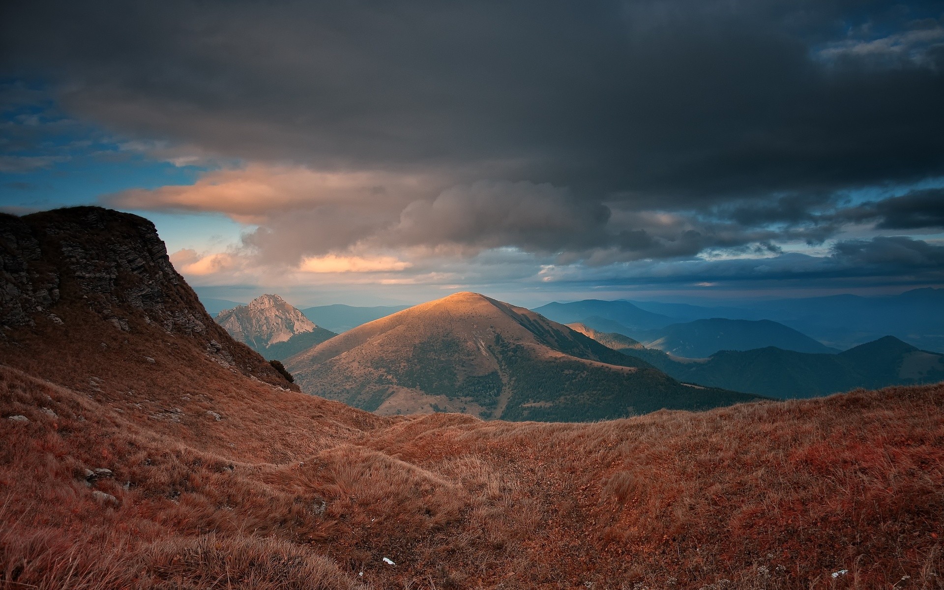 Nature Landscape Mountains Dry Grass Overcast Carpathians 1920x1200