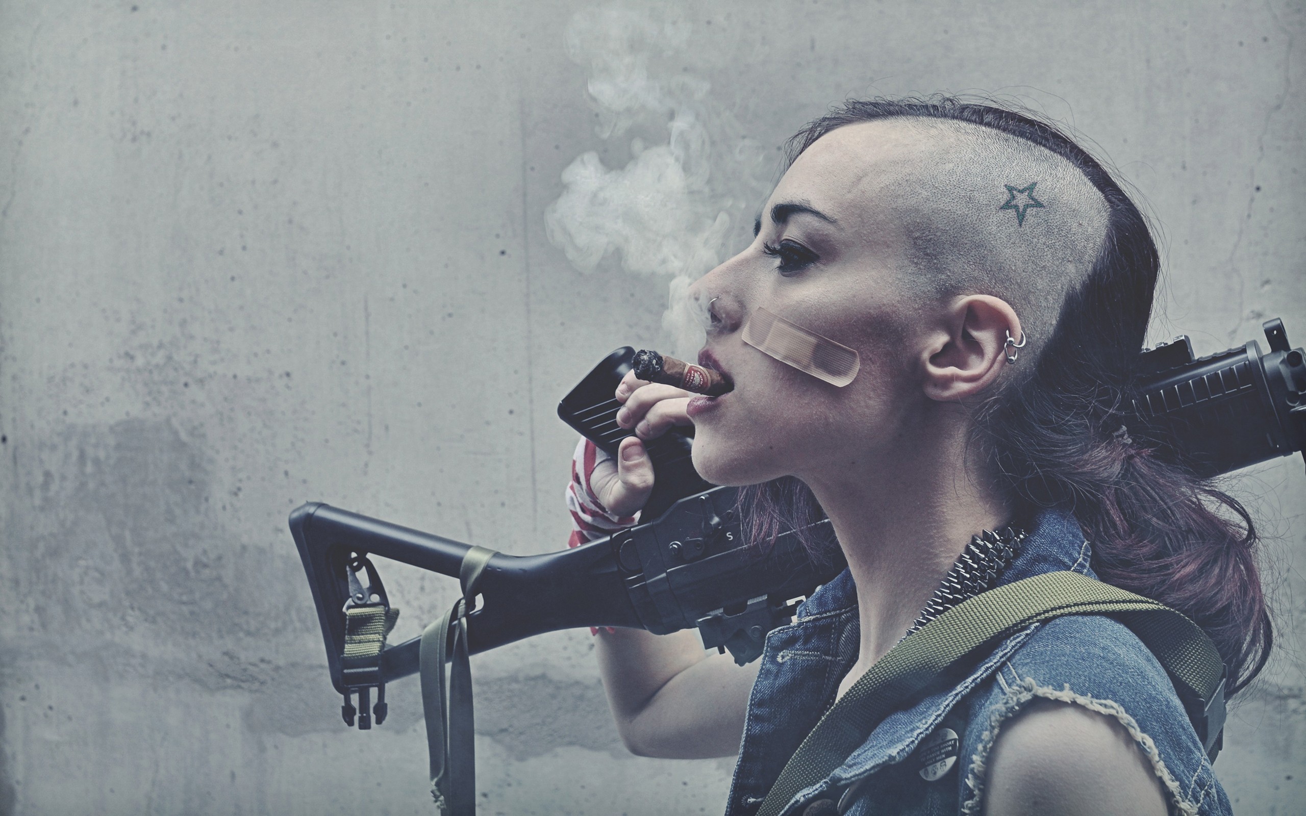 War Smoke Weapon Cigars Sig SG 552 Tank Girl Side Shave Women Sidecut Band Aid 2560x1600