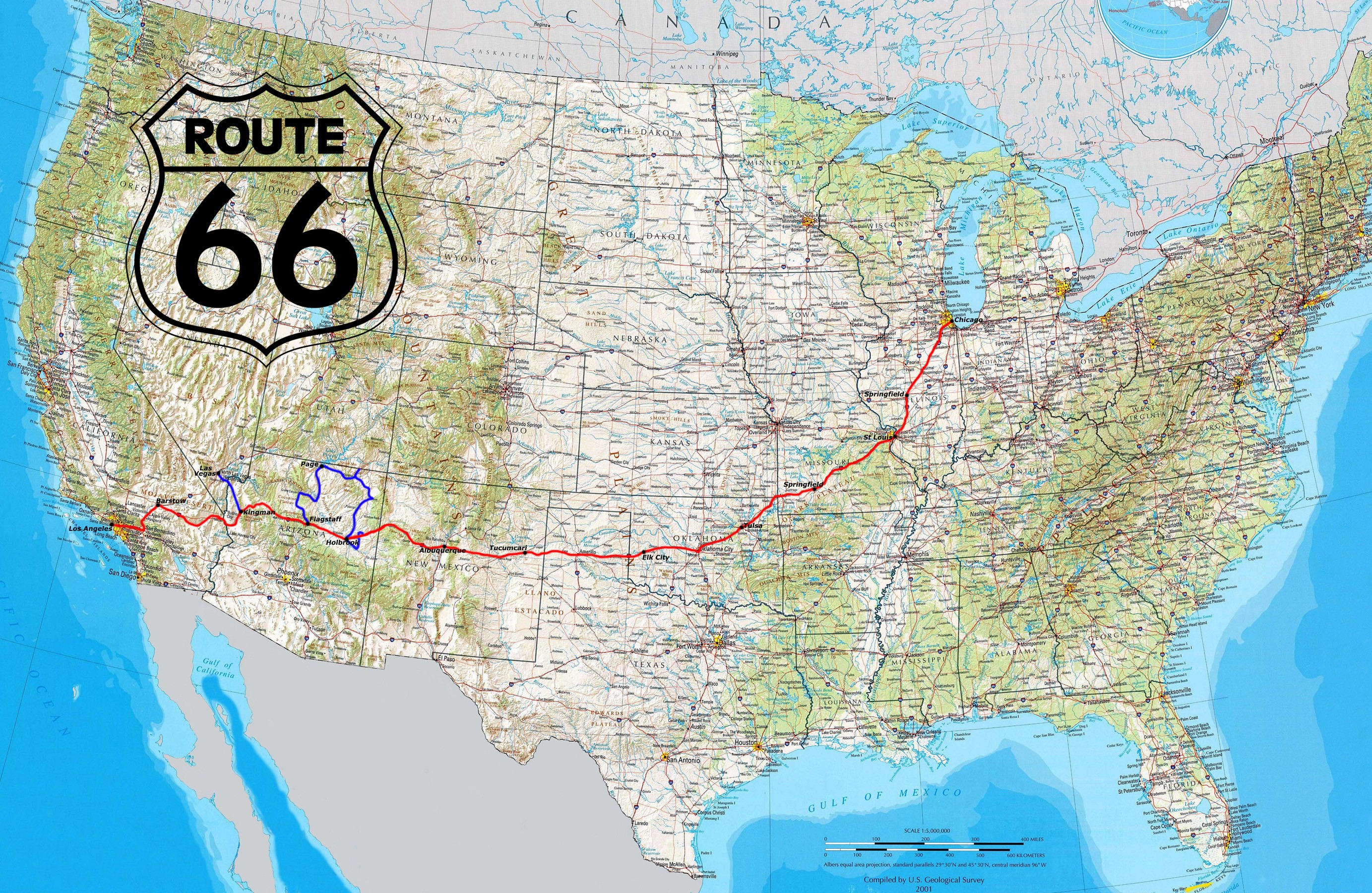 Road Route 66 USA Highway Map North America Coast Sea Border Texas 2766x1800