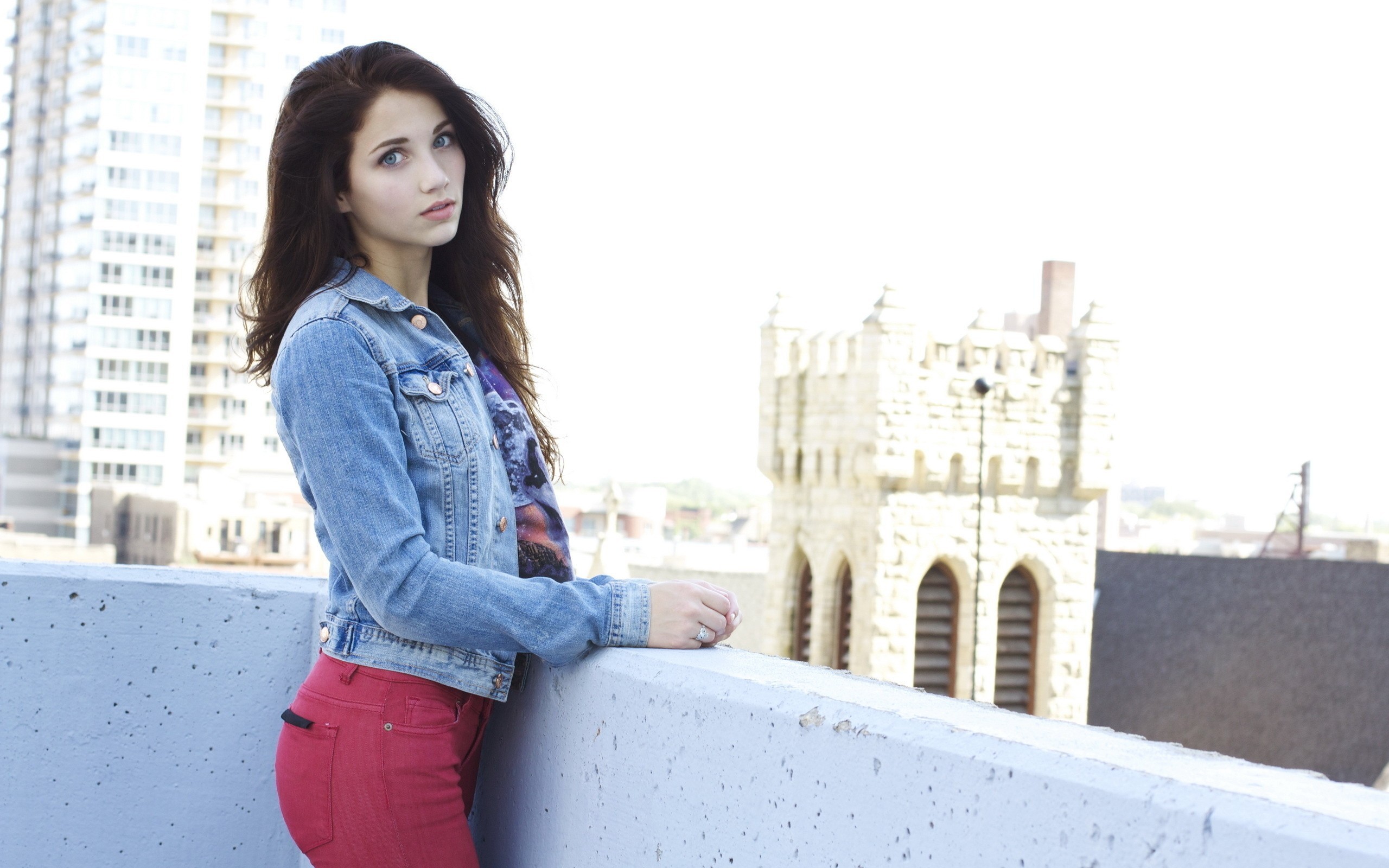Blue Eyes Emily Rudd Model Looking At Viewer Rooftops Long Hair Denim Actress Jeans Jacket Red Pants 2560x1600