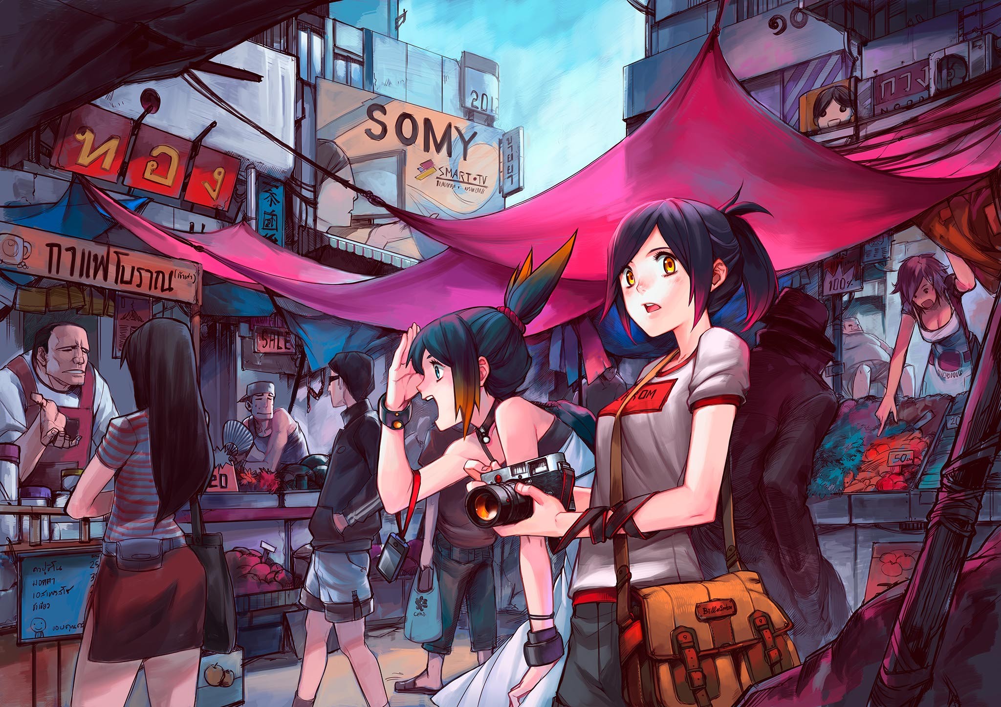 Anime Anime Girls Camera Short Hair Black Hair Orange Eyes Markets 2048x1447