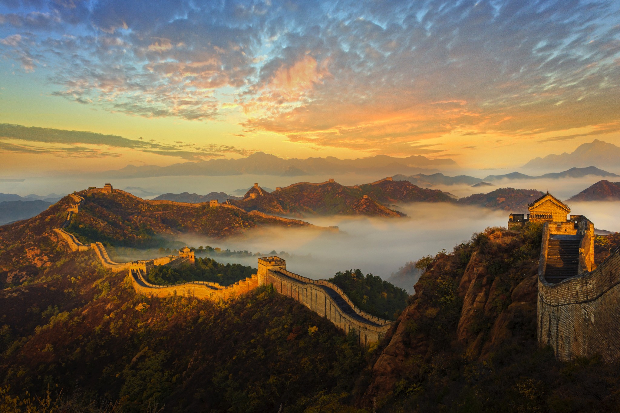 Landscape Great Wall Of China Fort Hills Mountains Old Building 2048x1365