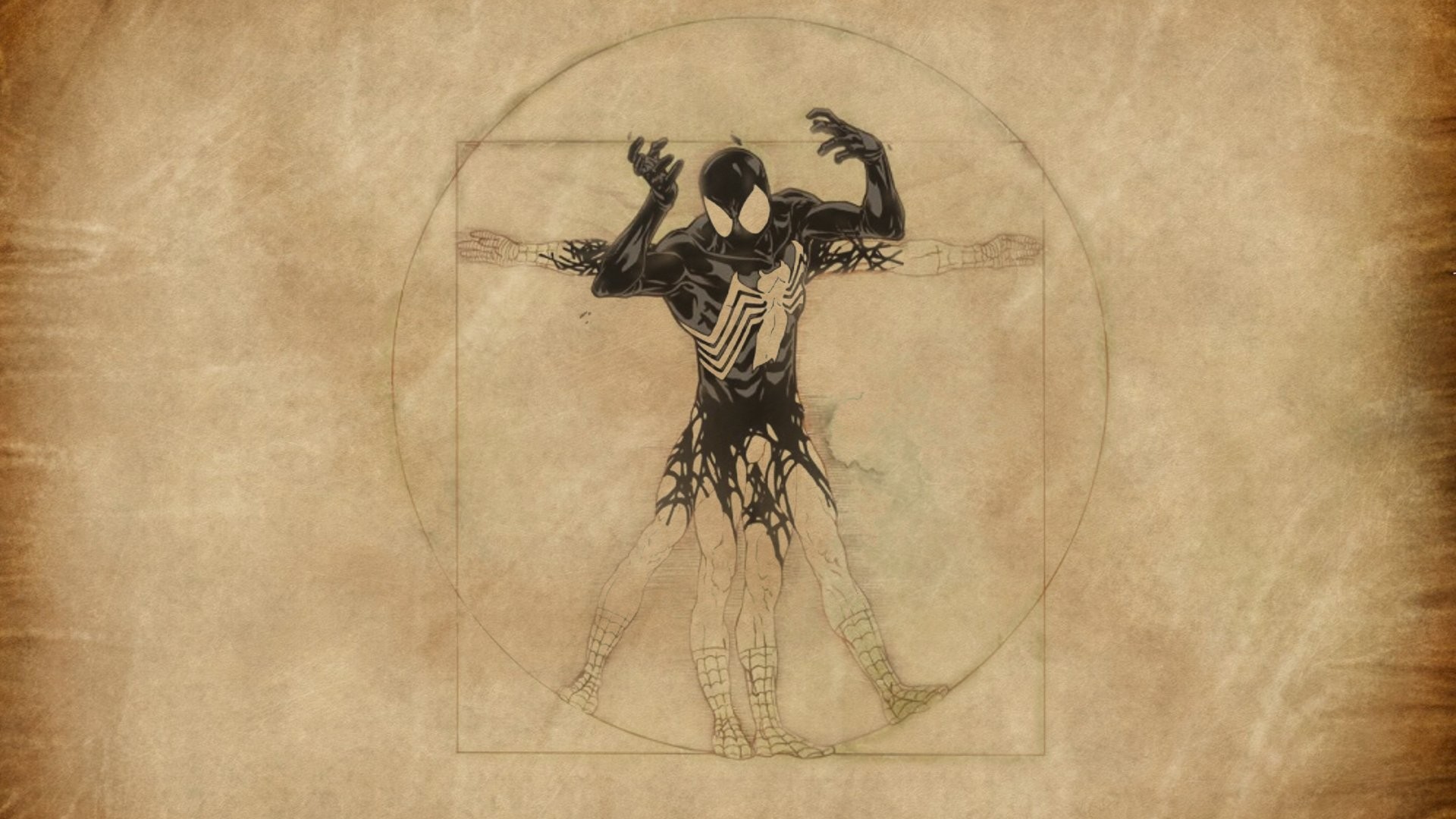 Spider Man Venom Vitruvian Man Comic Books Artwork Simple Background Beige 1920x1080