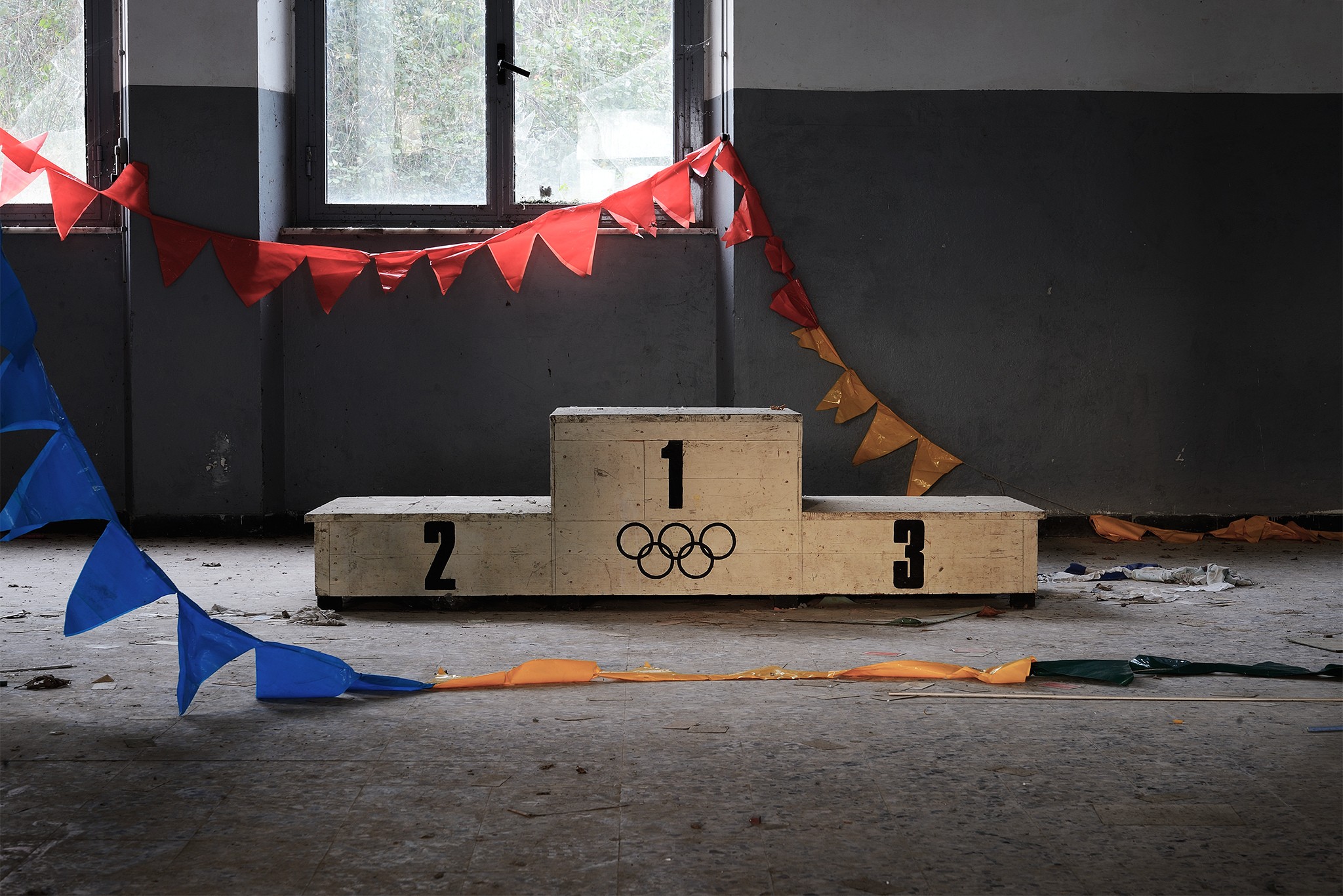 Abandoned Interior Podiums Olympics Flag Window Wall Stages On The Floor 2048x1367