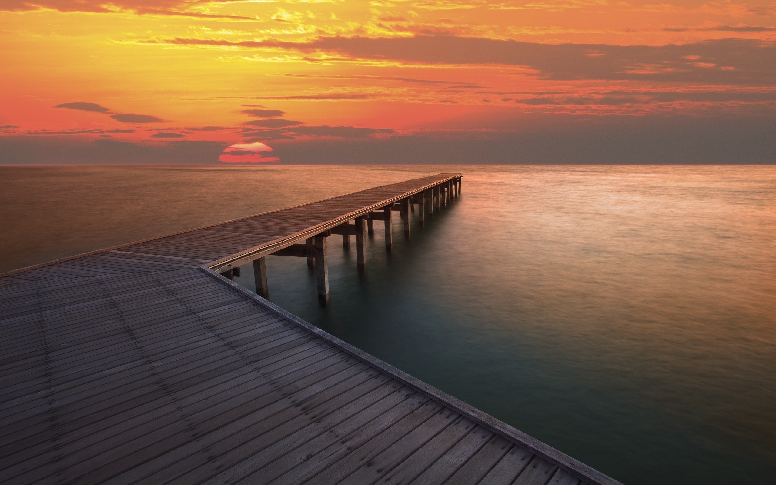 Pier Sunset Sea Sky Water Clouds Sunlight Wood Jetty 2560x1600