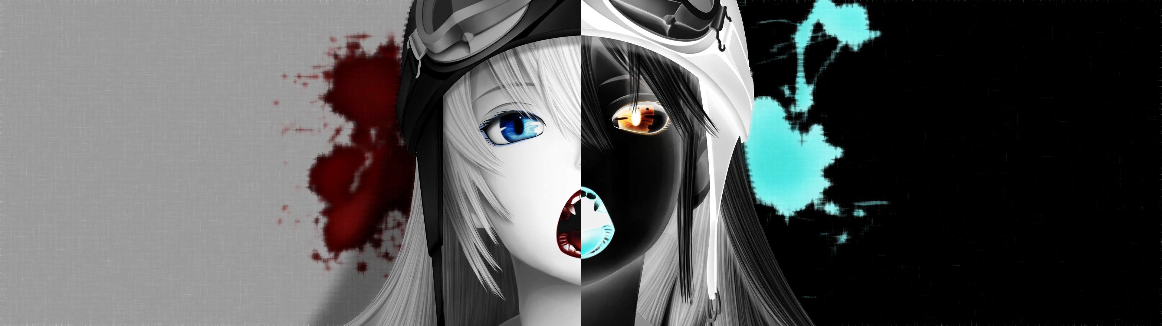 Anime Inverted Anime Girls Cyan Frontal View 3840x1080