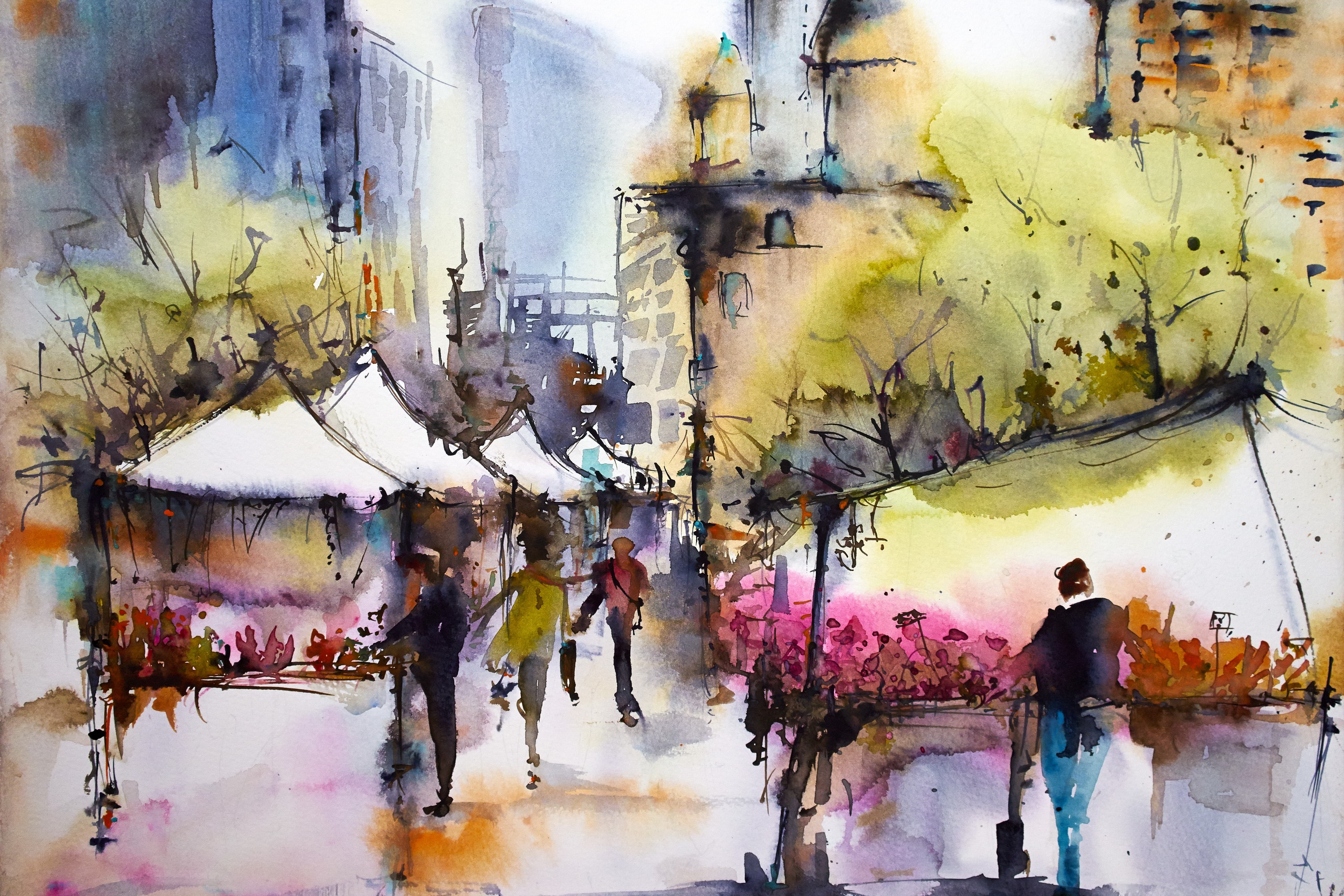 Painting Watercolor Town People 2560x1707