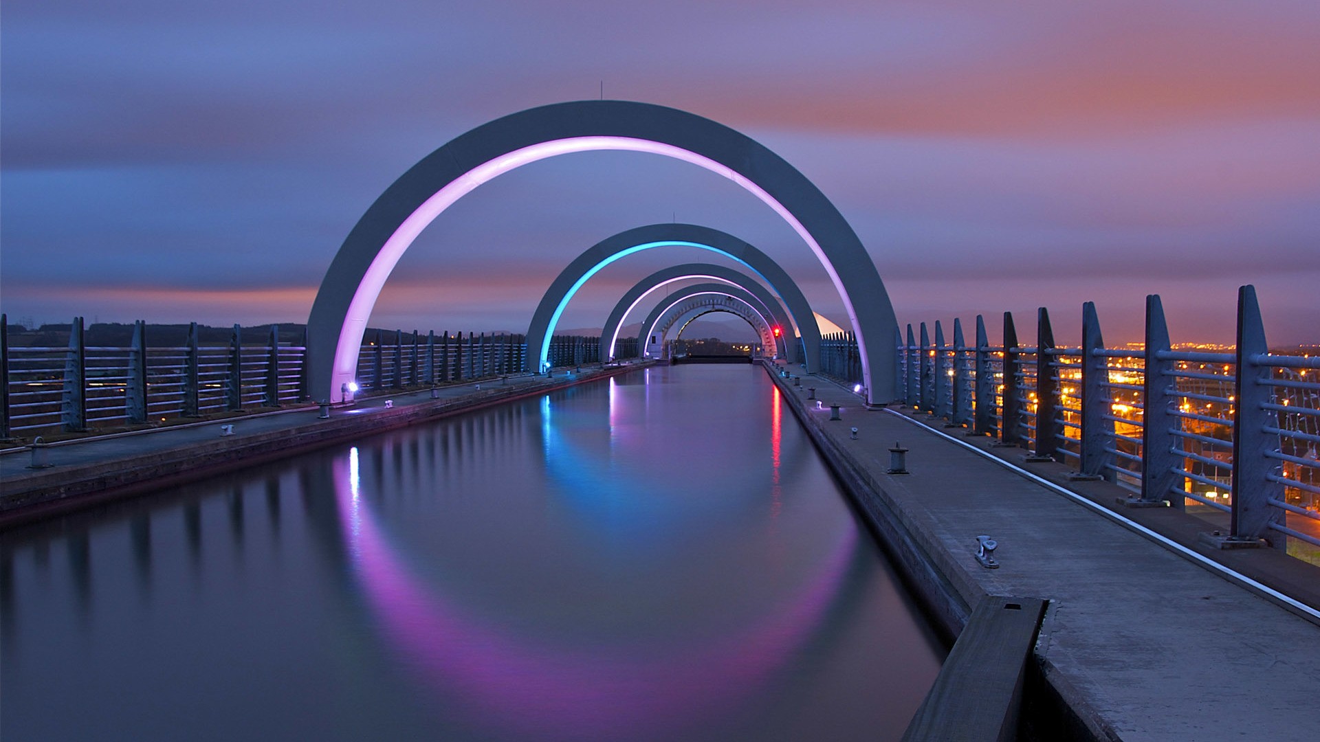 Architecture Water Canal Wheels Falkirk Wheel Scotland UK Reflection Fence Clouds Evening Lights Lon 1920x1080