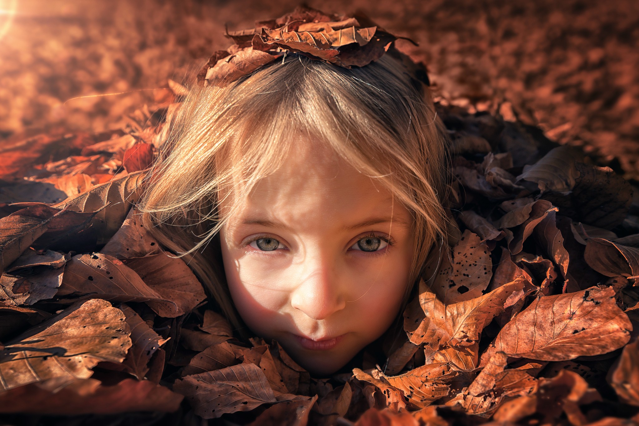 Children Dry Leaves Blonde Blue Eyes 2048x1365