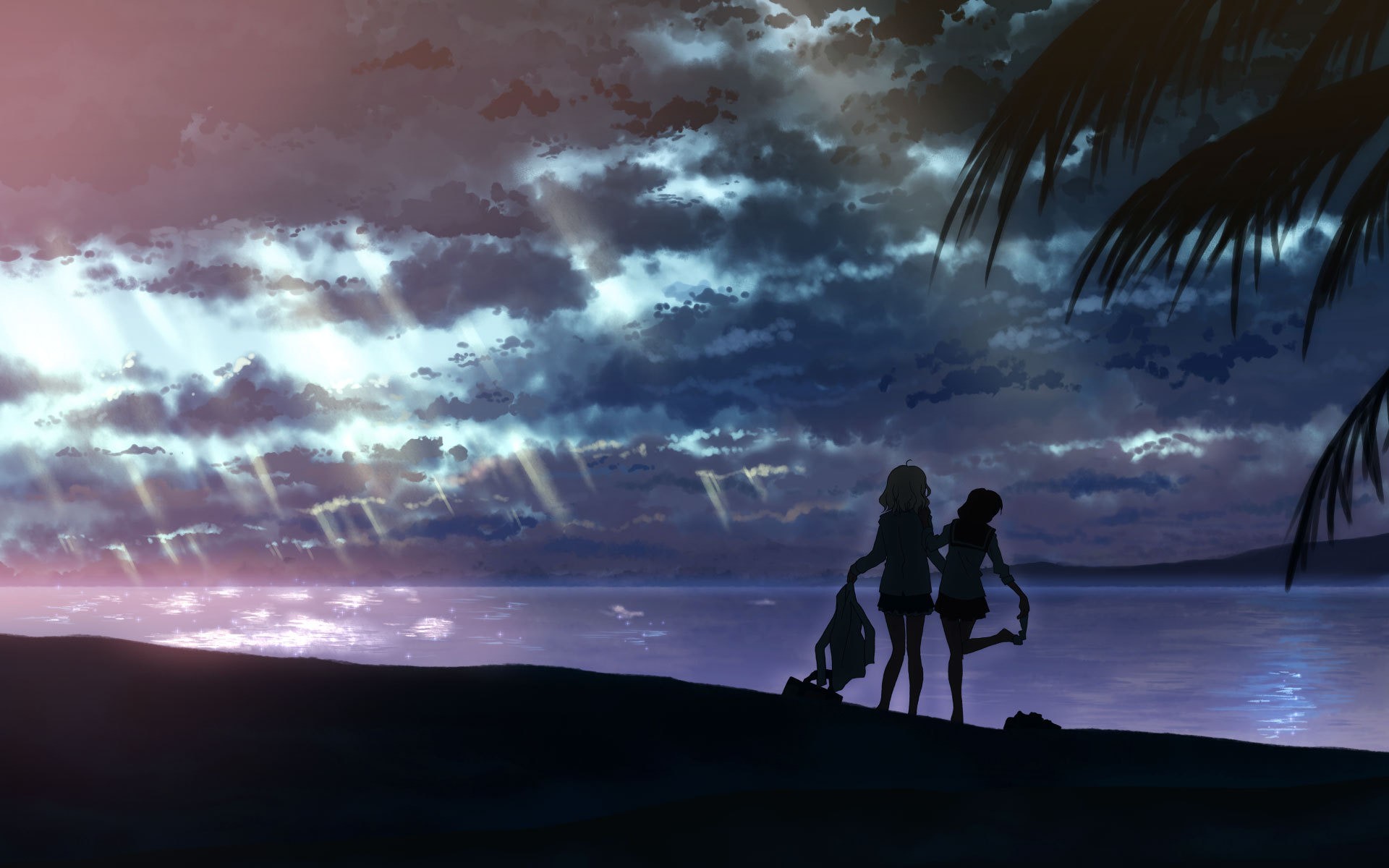 Anime Sky Undressing Clouds Outdoors Anime Girls 1920x1200