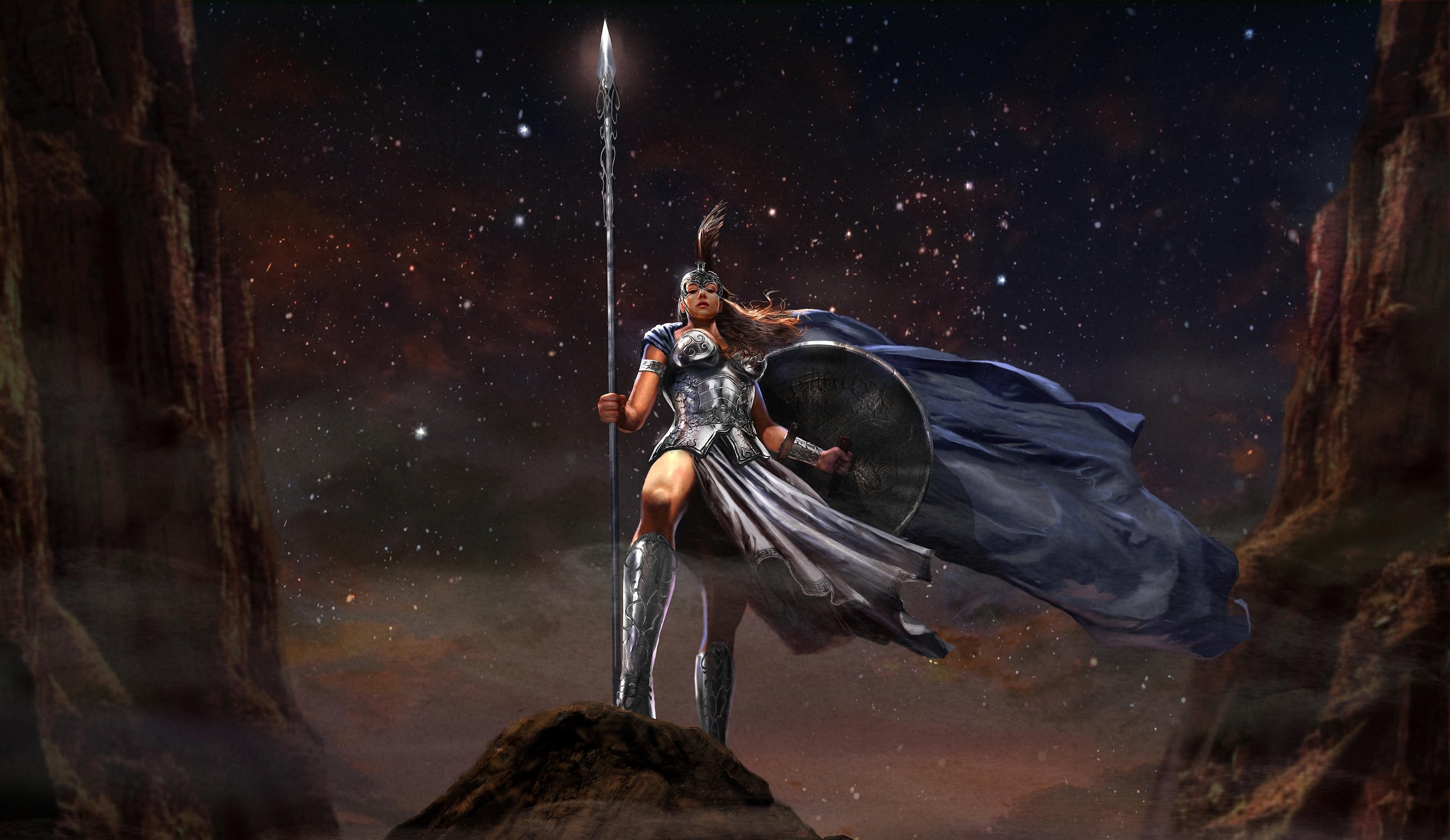 Fantasy Art Athena Fantasy Girl Sky Spear Warrior 3000x1738