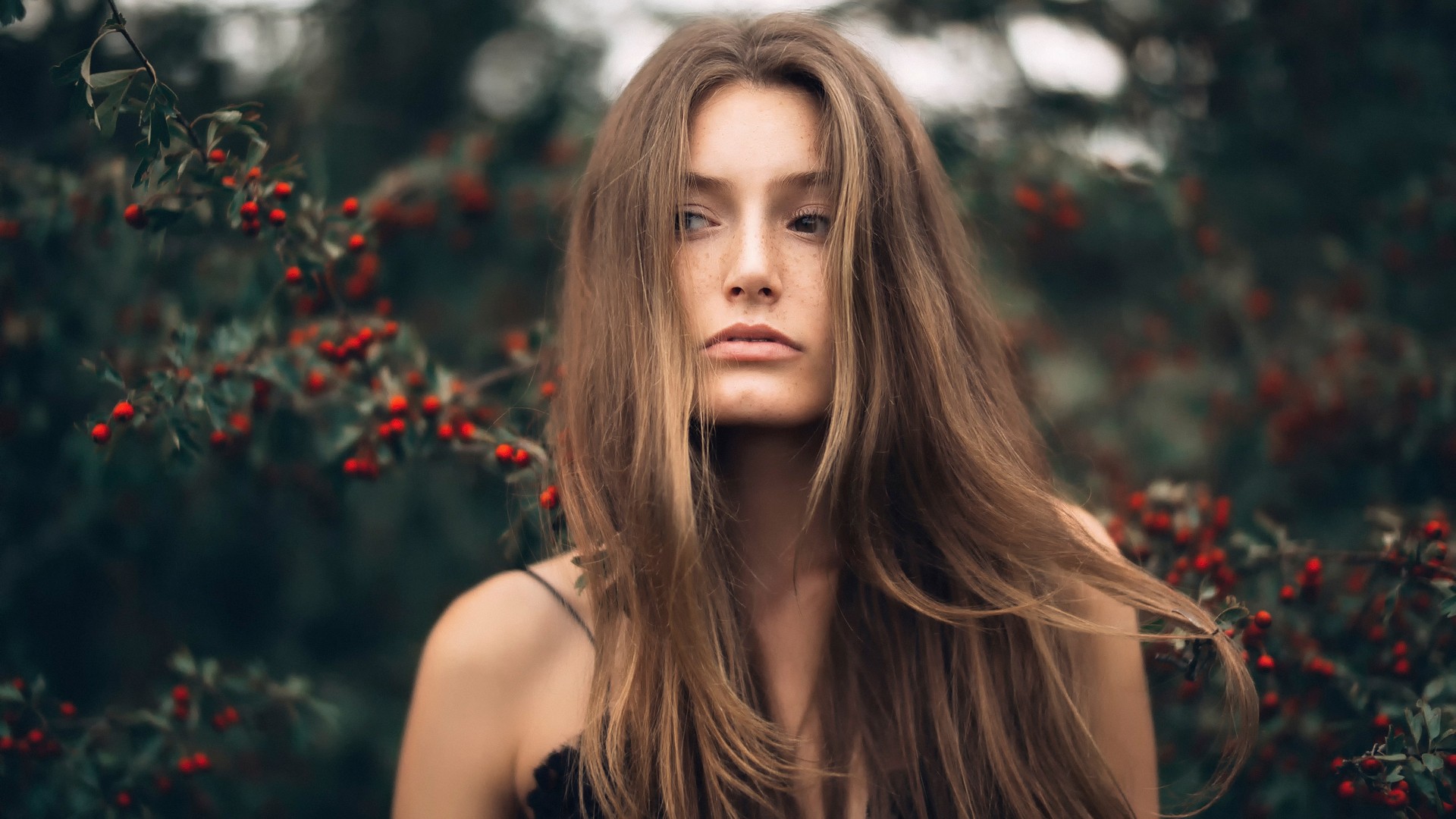 Women Model Brunette Long Hair Women Outdoors Nature Face Portrait Windy Plants Bare Shoulders Hair  1920x1080