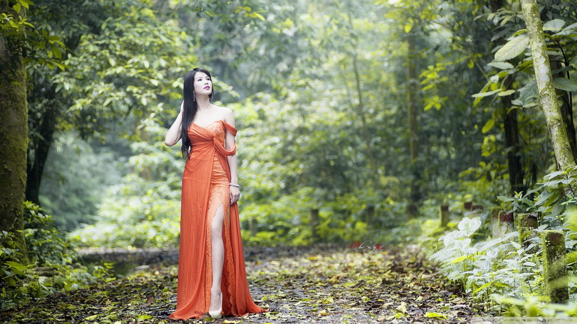 Asian Women Women Outdoors Orange Dress High Cut Dress Bare Shoulders Looking Into The Distance 1920x1080