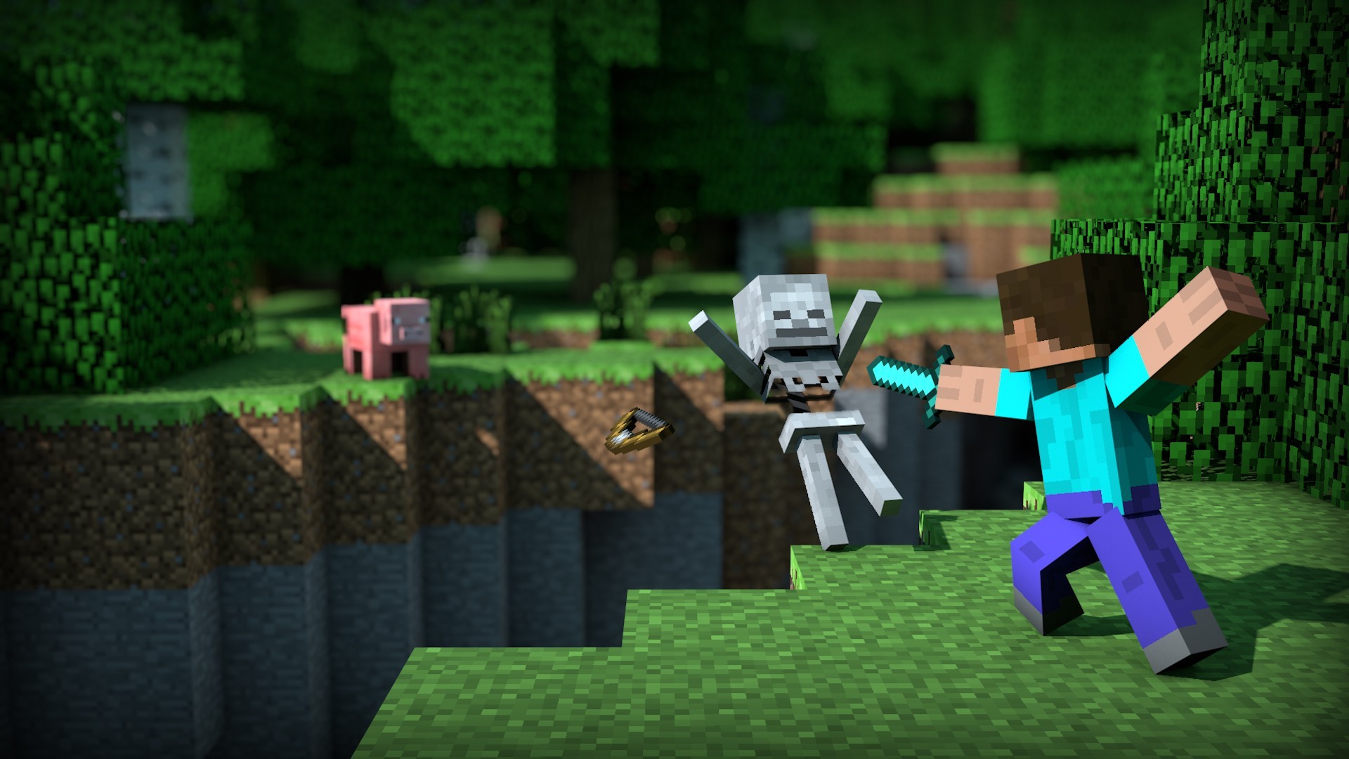 Minecraft Video Games Steve Skeleton Pigs 1920x1080