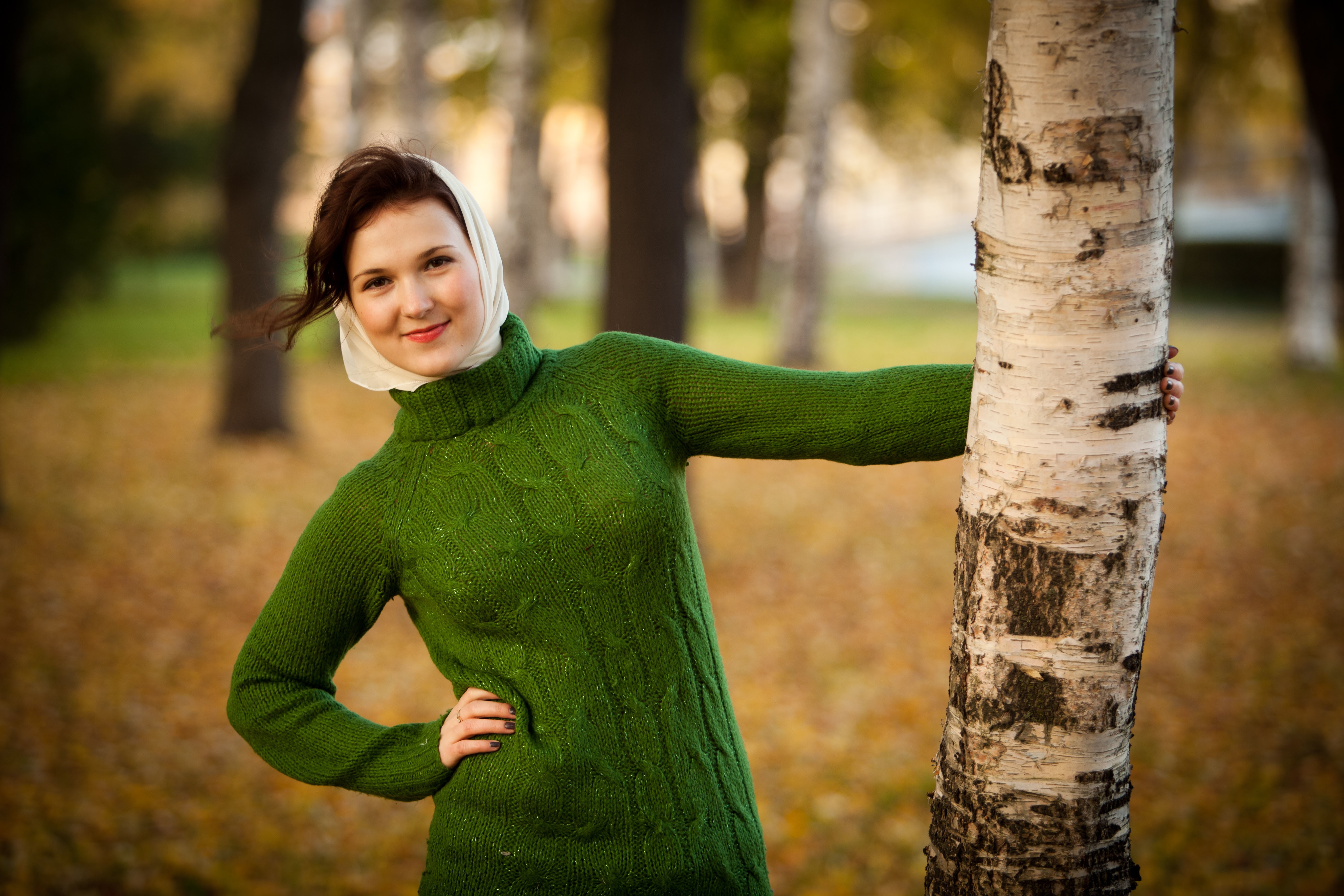 Women Outdoors Model Birch Turtlenecks Green Sweater 5616x3744