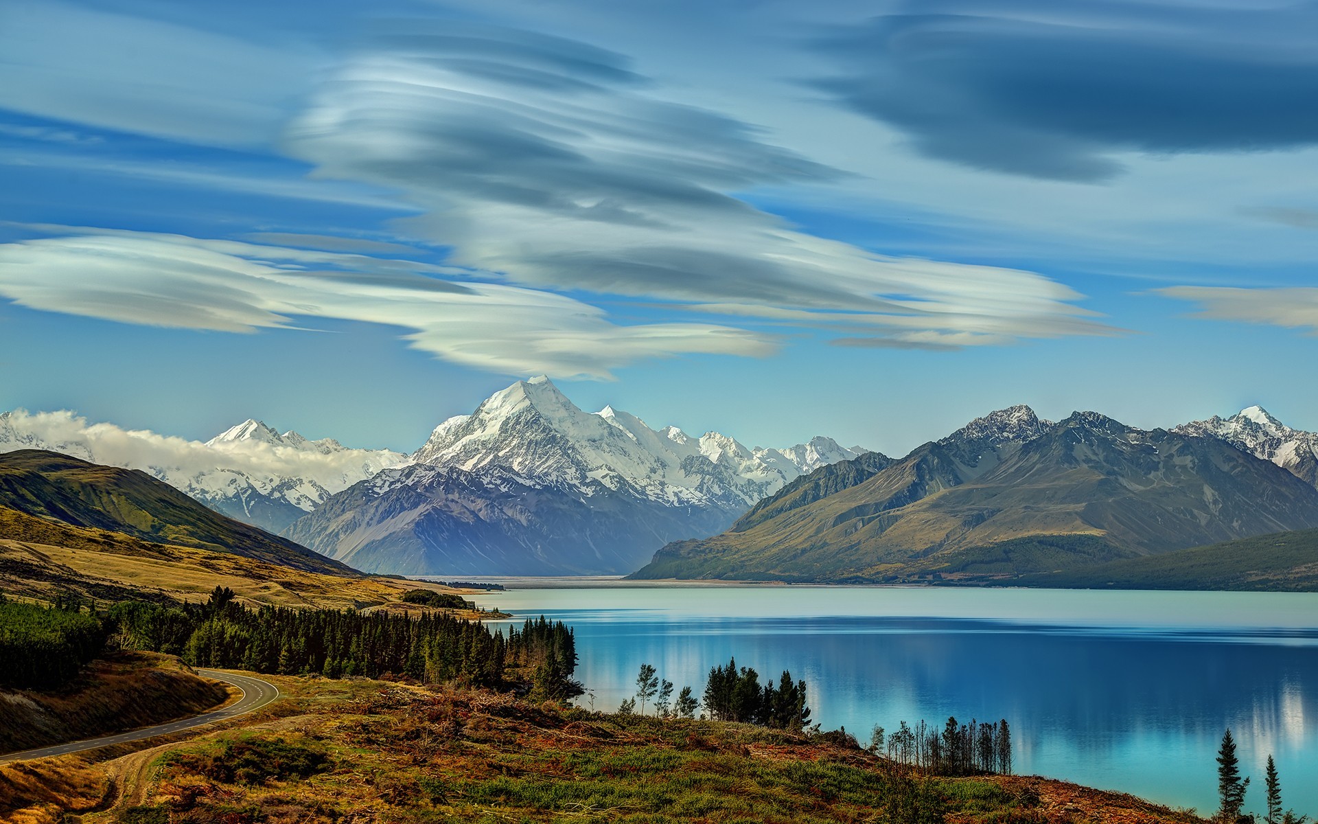 Mountains Lake Lenticular Clouds Landscape Mount Cook New Zealand 1920x1200