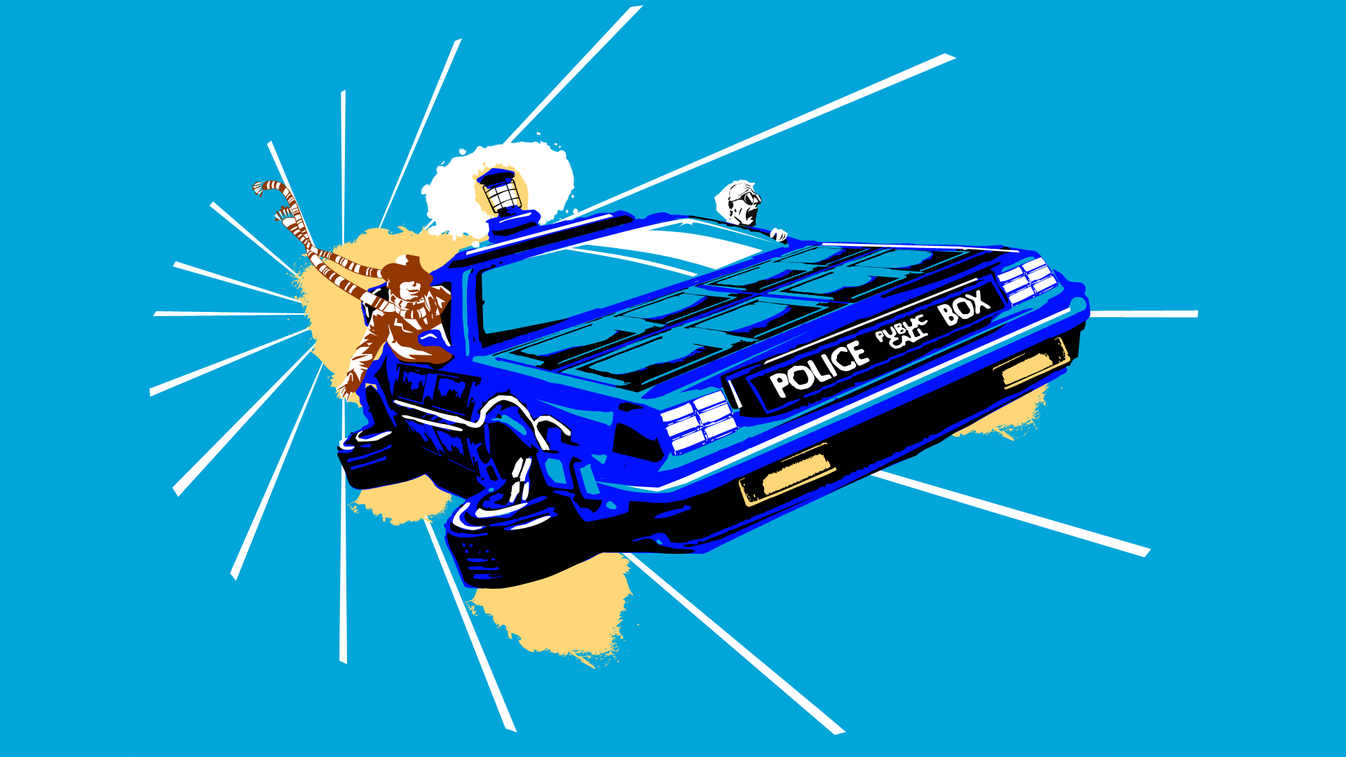 Doctor Who Back To The Future TARDiS DeLorean Artwork TV The Doctor Crossover Tom Baker Cyan 1920x1080