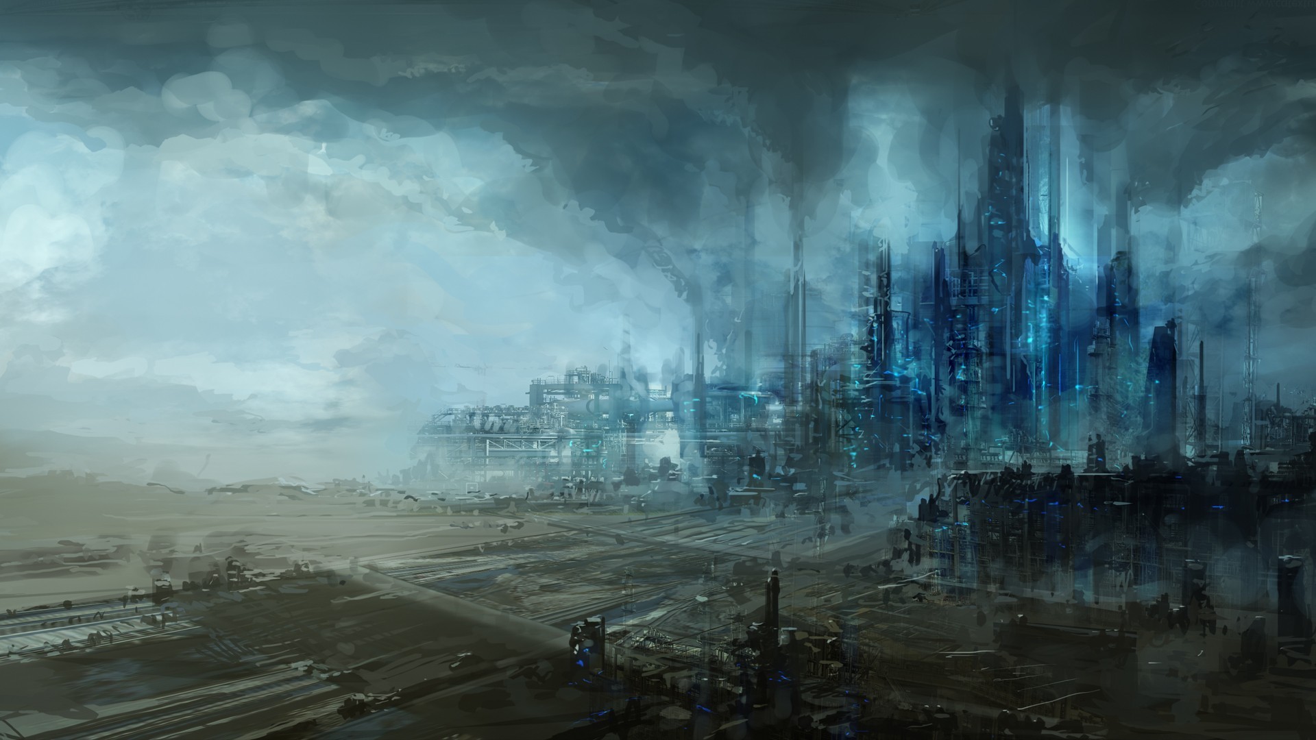 Pollution Industrial Futuristic City Artwork Science Fiction Blue 1920x1080