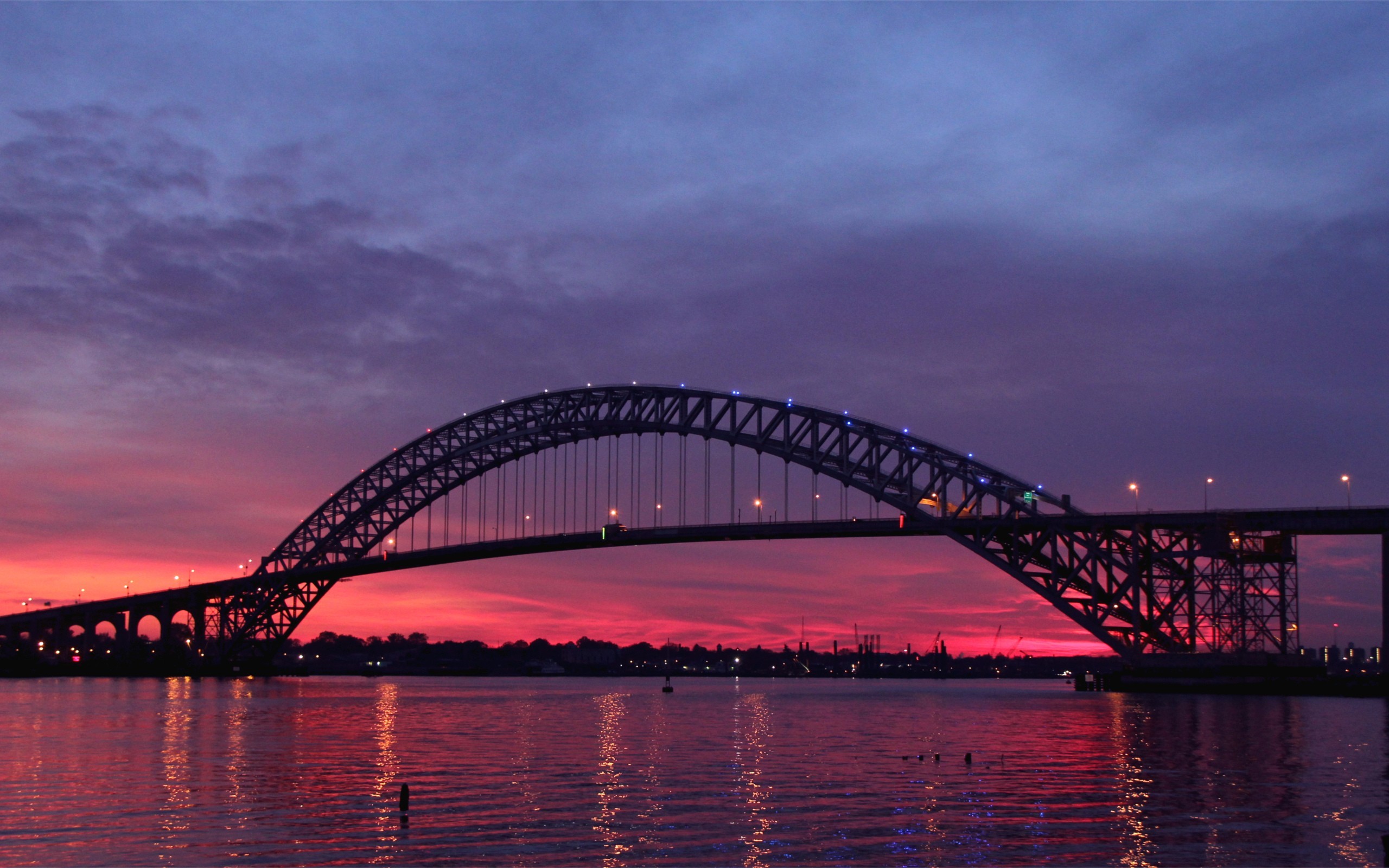 Bridge Bridge New Jersey Sunset River Purple Sky Reflection 2560x1600