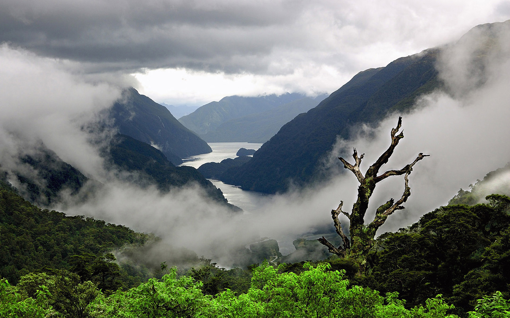Mountains River Clouds Trees Nature Landscape Milford Sound 1680x1050