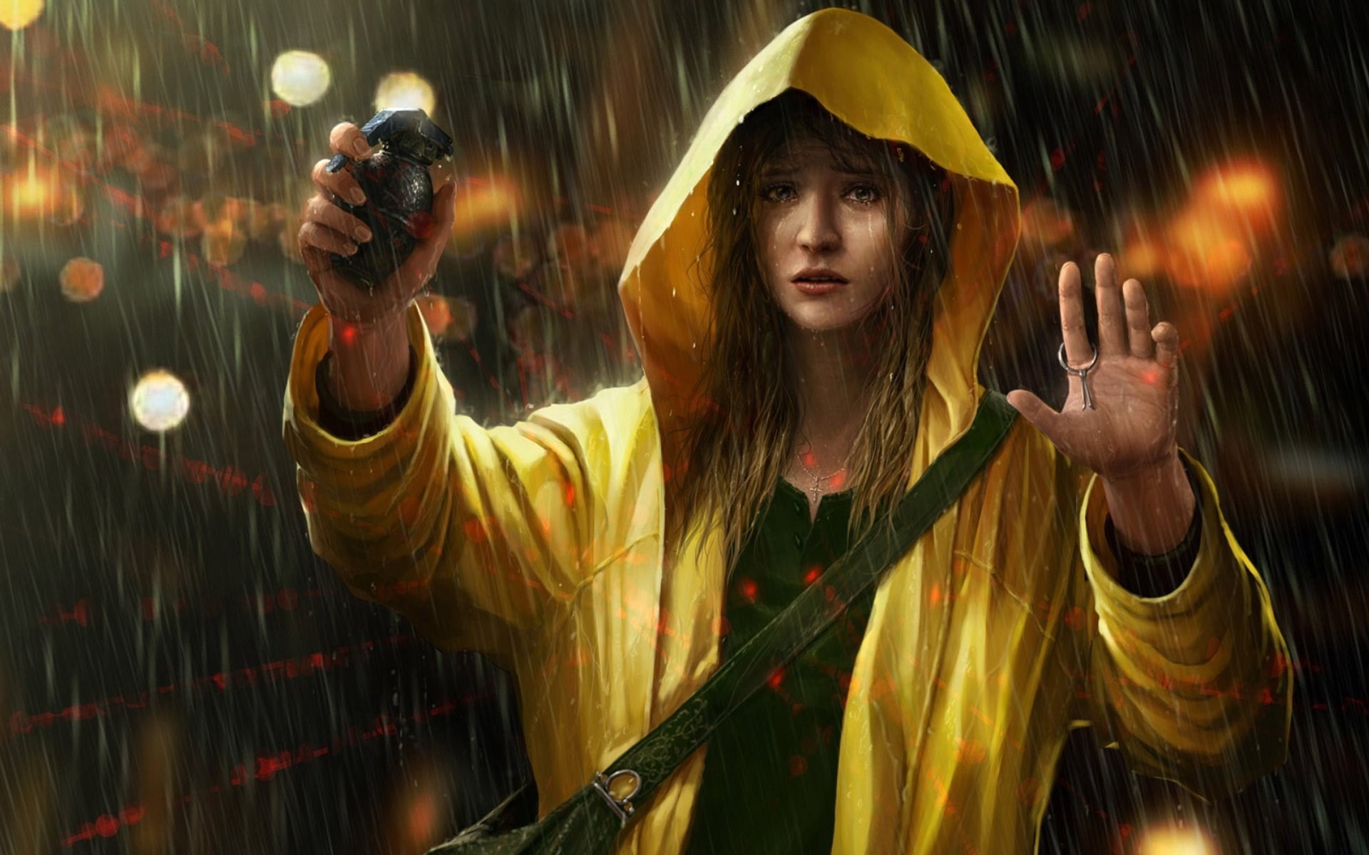 Artwork Grenades Women Hoods Arms Up Crying Sad Yellow Raincoat 1920x1200