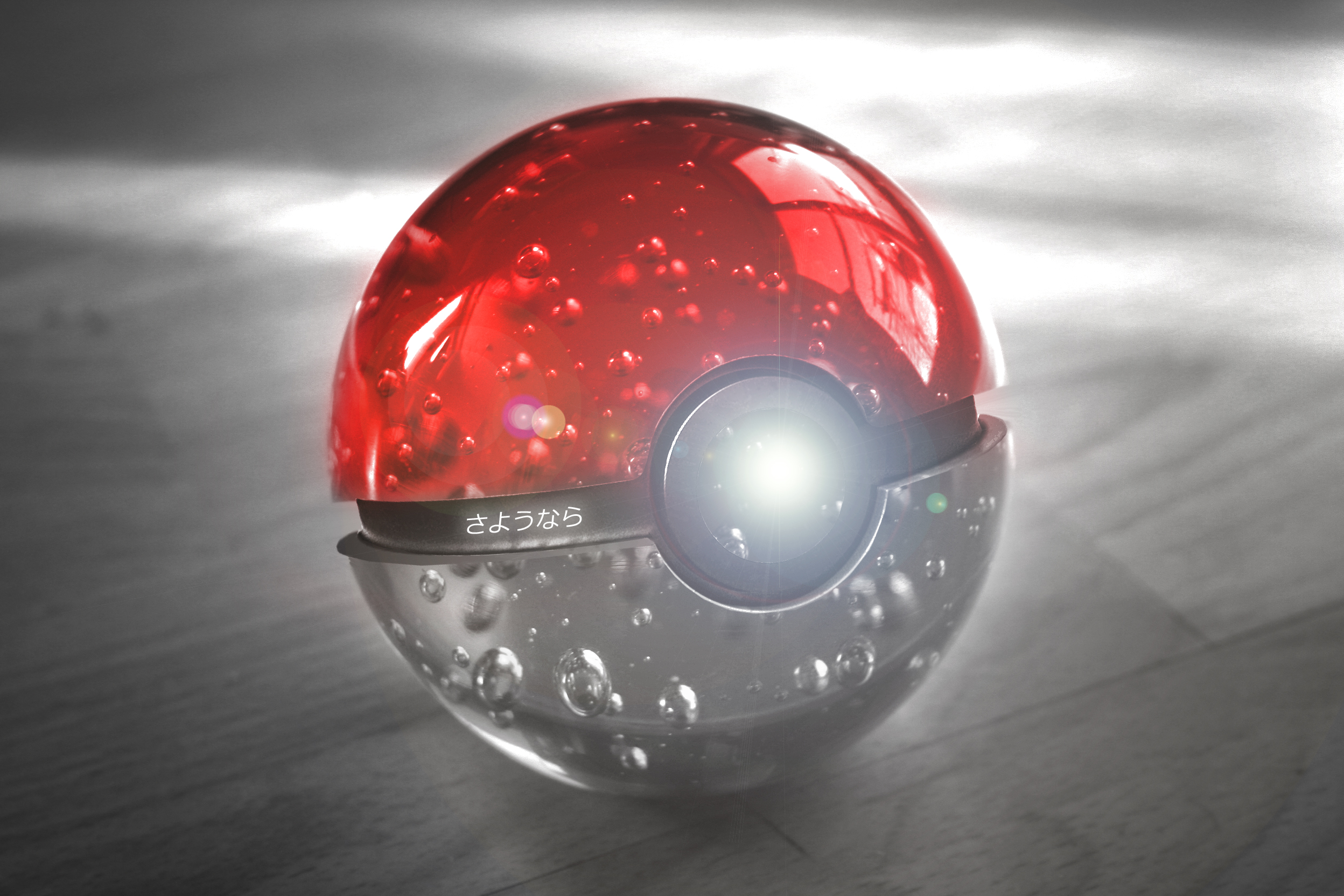 Poke Balls Wet Render Water Drops Wooden Surface Red Silver 2496x1664
