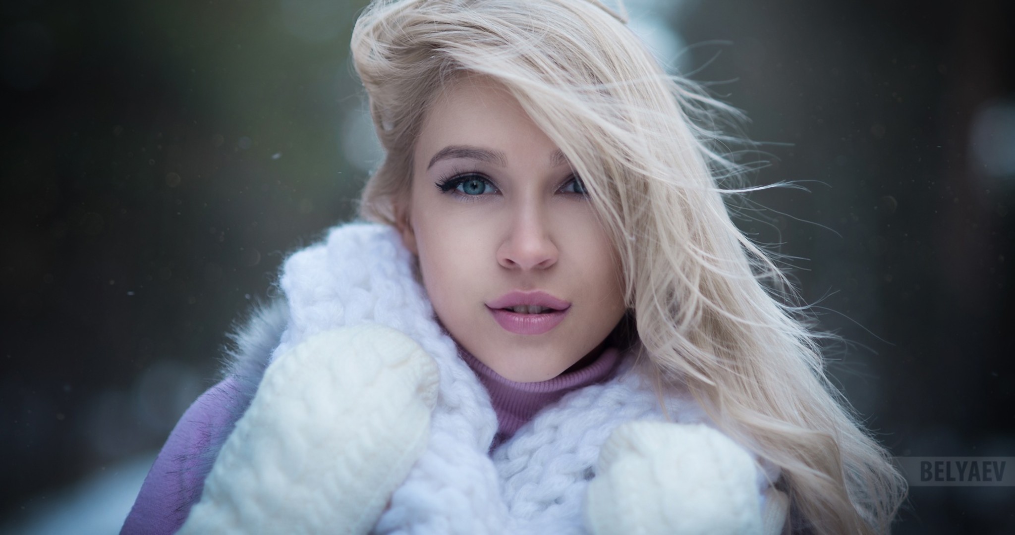 Women Blonde Face Fur Depth Of Field Dmitry Belyaev Blue Eyes Gloves Hair In Face Pink Lipstick 2048x1080