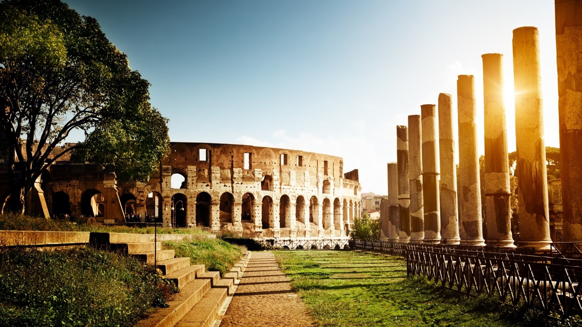 Architecture Nature Trees Sun Pillar Stone Colosseum Rome Italy Capital Stairs Sunlight Path Field G 1920x1080