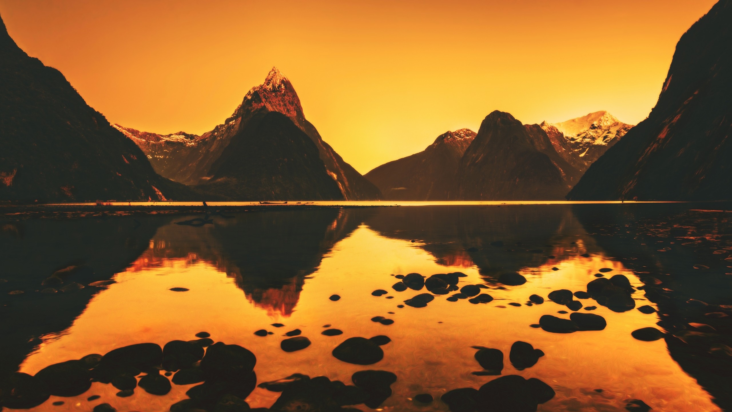Photography Nature Landscape Orange Reflection Lake Mountains Hills Rock Calm New Zealand Milford So 2560x1440