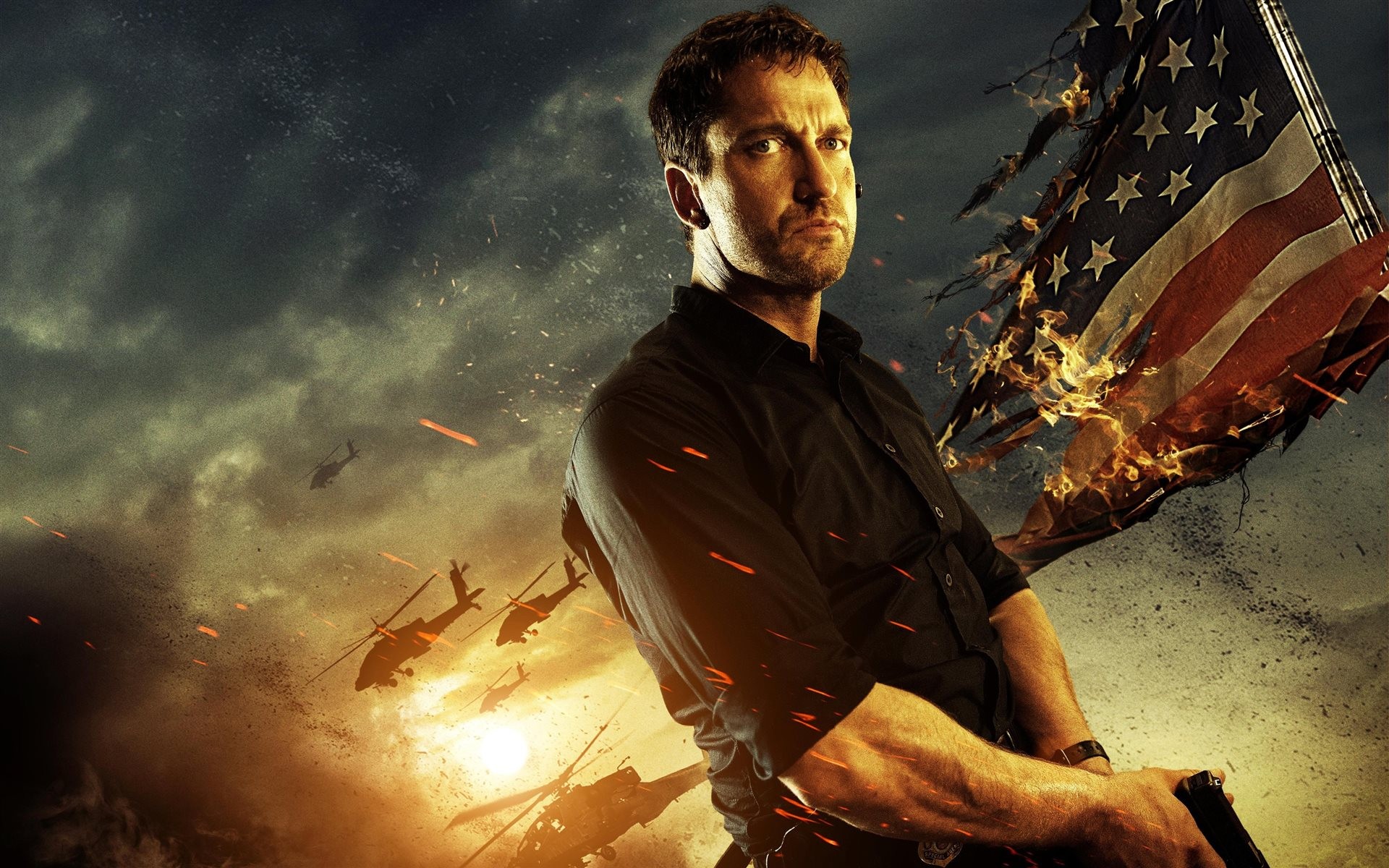 Gerard Butler Olympus Has Fallen Movies Flag Fire Stars And Stripes 1920x1200