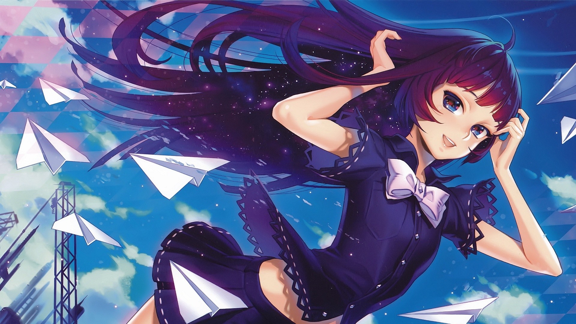 Anime Girls Purple Hair Long Hair Paper Planes Anime Original Characters Midori Foo Ahoge Red Eyes B 1920x1080