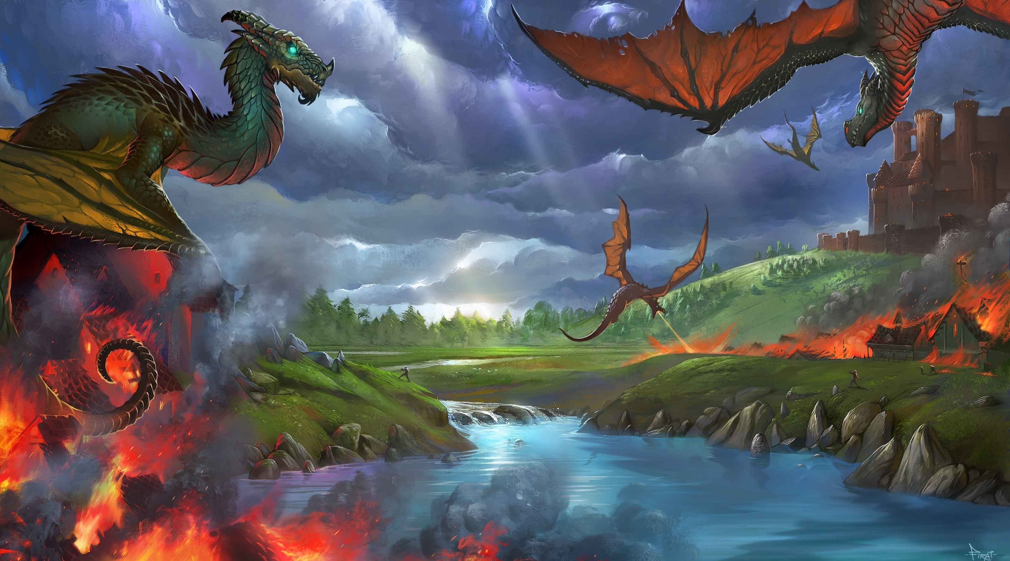 Dragon Fire Wyvern Dragon Attack Castle 3364x1870