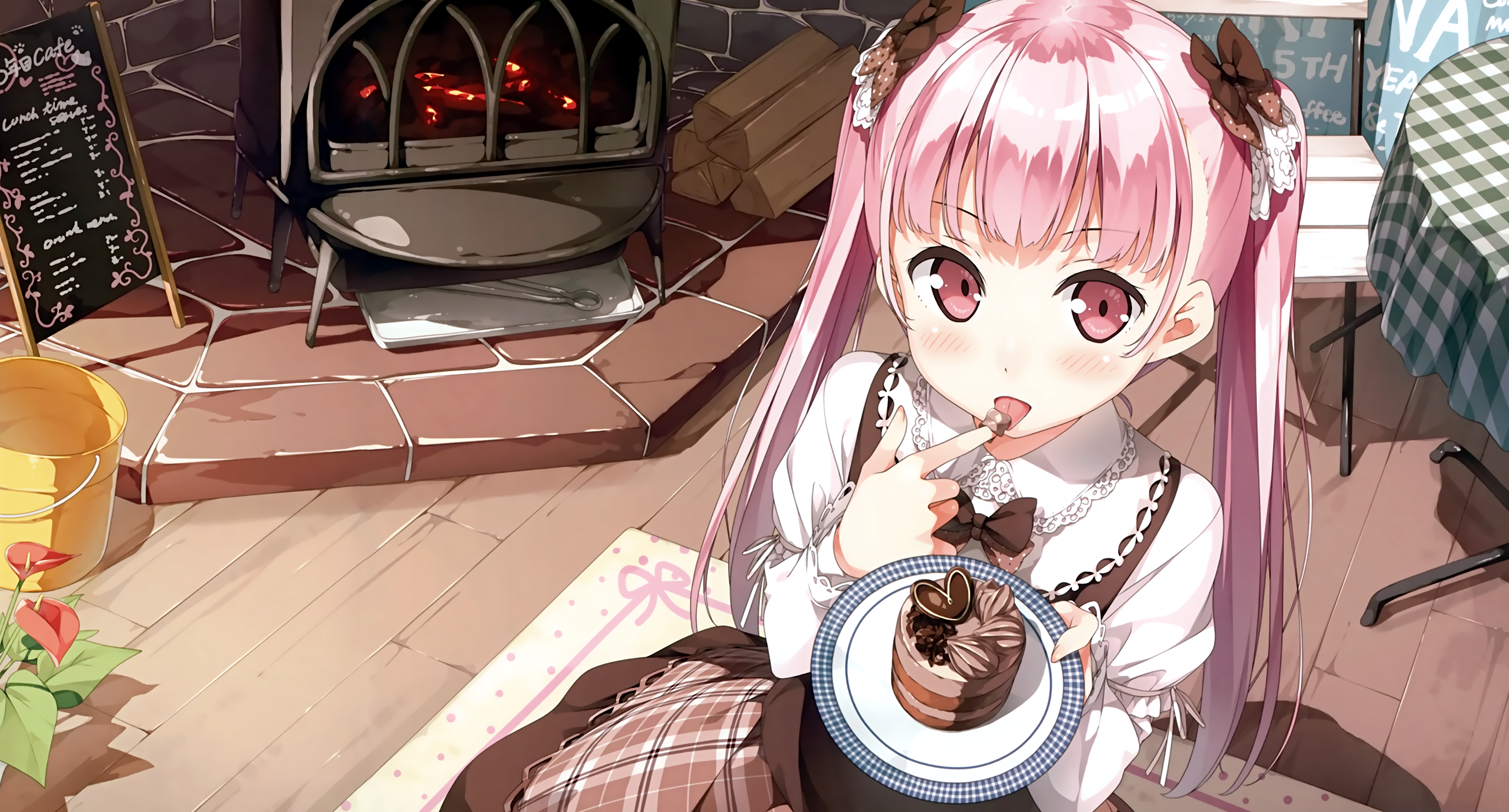 Girl Long Hair Twintails Pink Hair Pink Eyes Blush Food Cake Chocolate Cake Maid Flower 5 Nenme No H 4590x2470