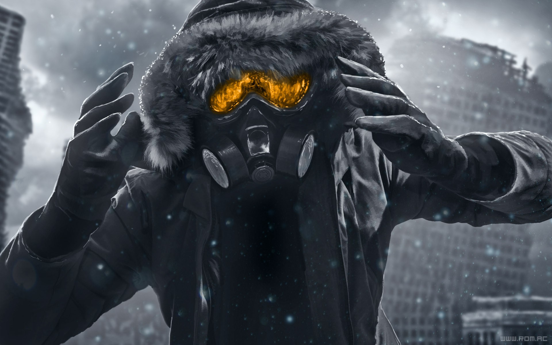 Gas Masks Gray Artwork Romantically Apocalyptic Vitaly S Alexius Apocalyptic Masked Snow Metro 2033 1920x1200