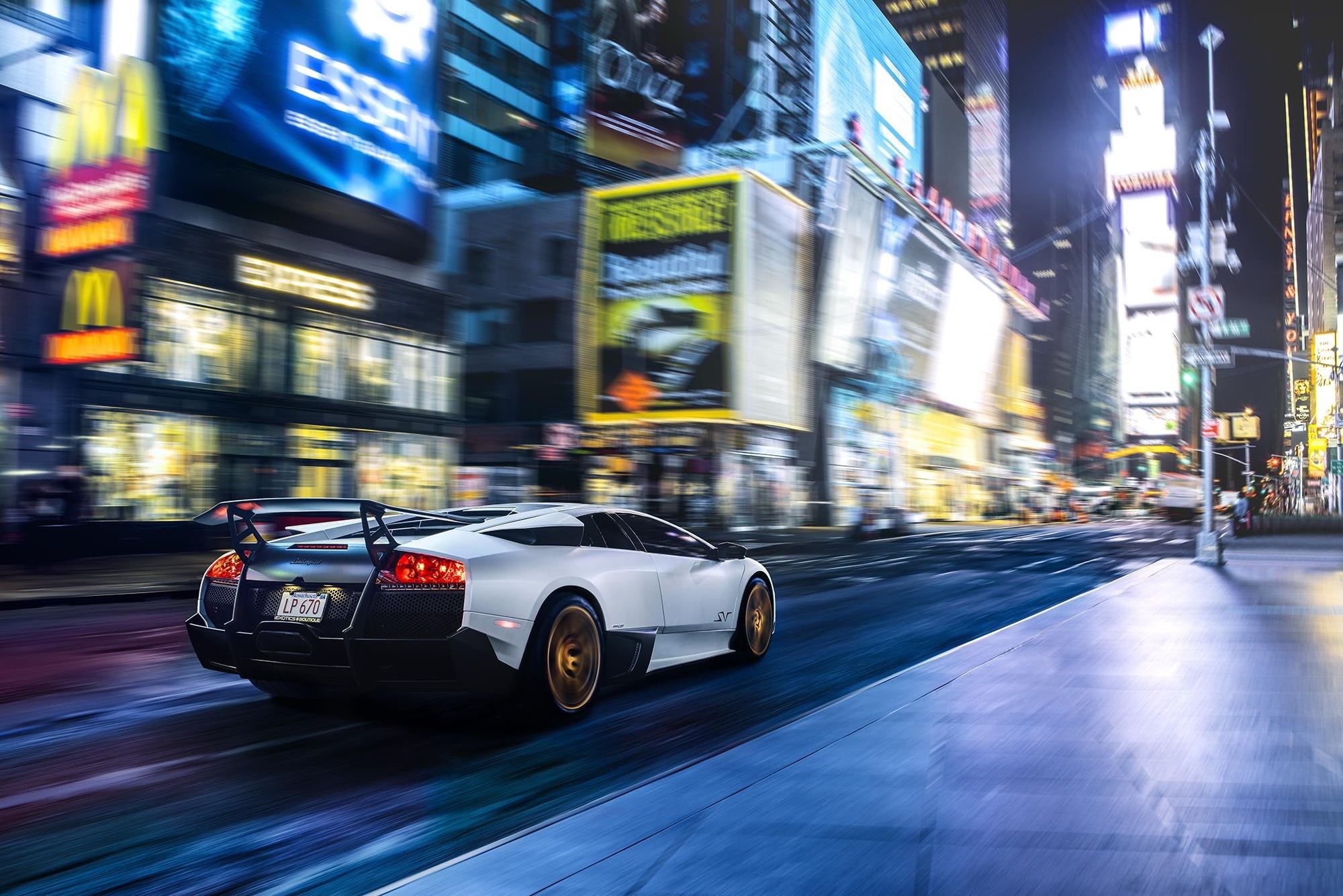 Car Times Square New York City Motion Blur USA Night Lamborghini Murcielago LP 670 4 Super Veloce 2000x1335