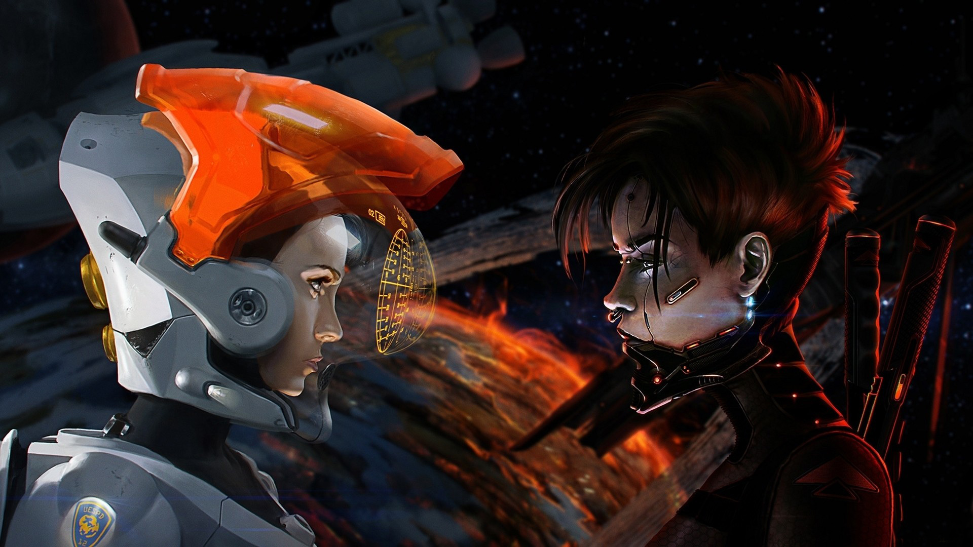 Women Face To Face Spaceship Futuristic Science Fiction Helmet Digital Art Artwork 1920x1080