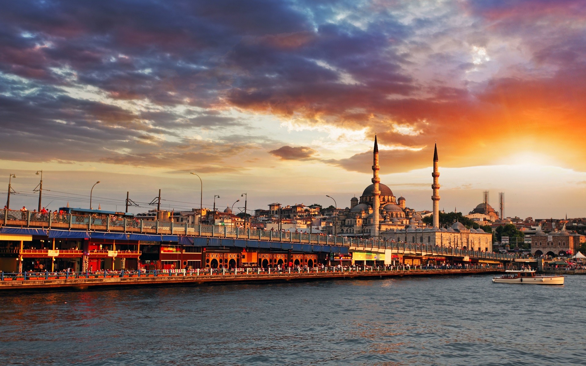 Istanbul Turkey City Sea Bridge Galata Bridge Mosque Clouds Sunset Architecture Islamic Architecture 1920x1200