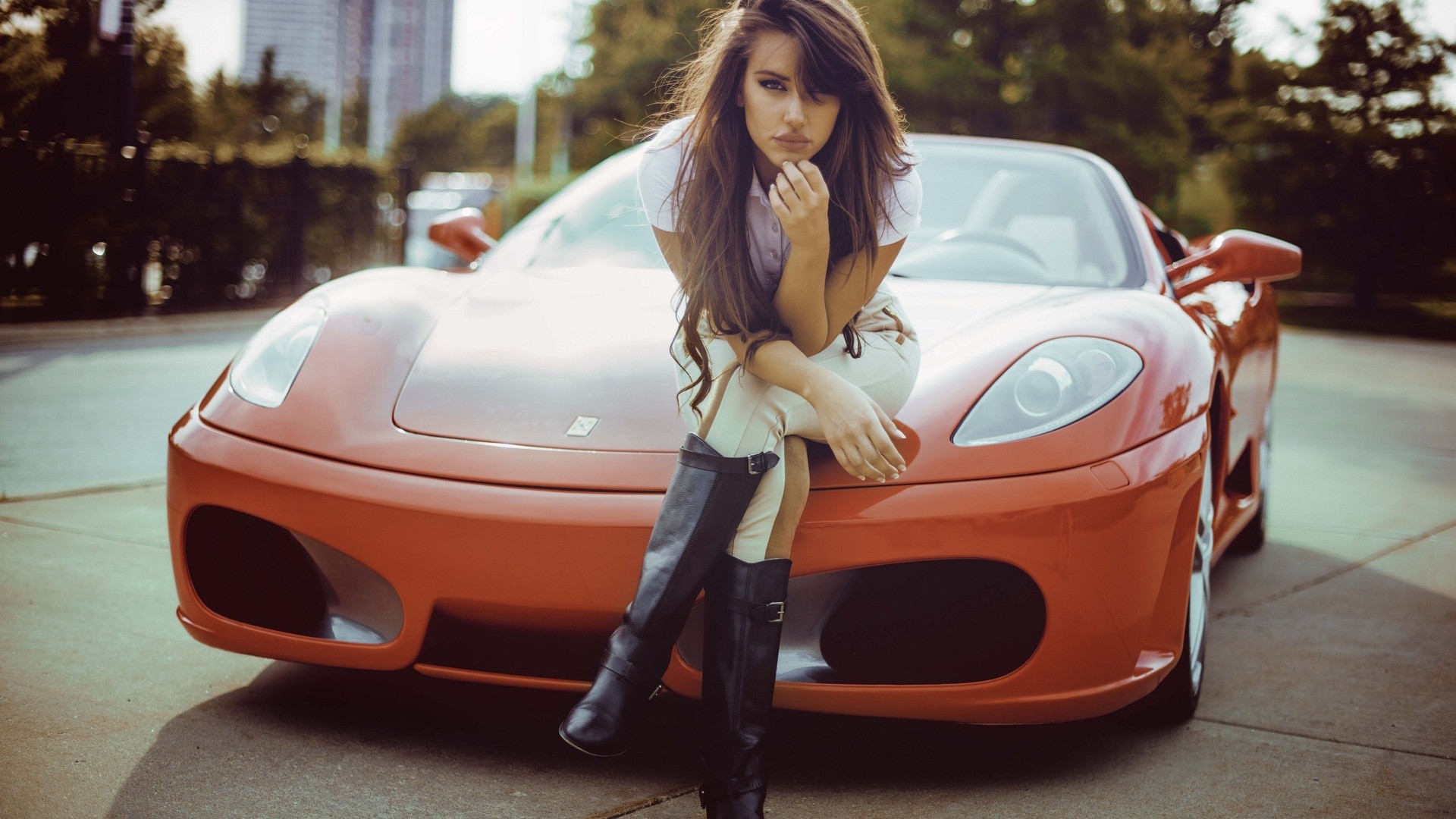 Women With Cars Red Cars Women Model Sitting Long Hair Black Boots Natalya Ignatenko 1920x1080