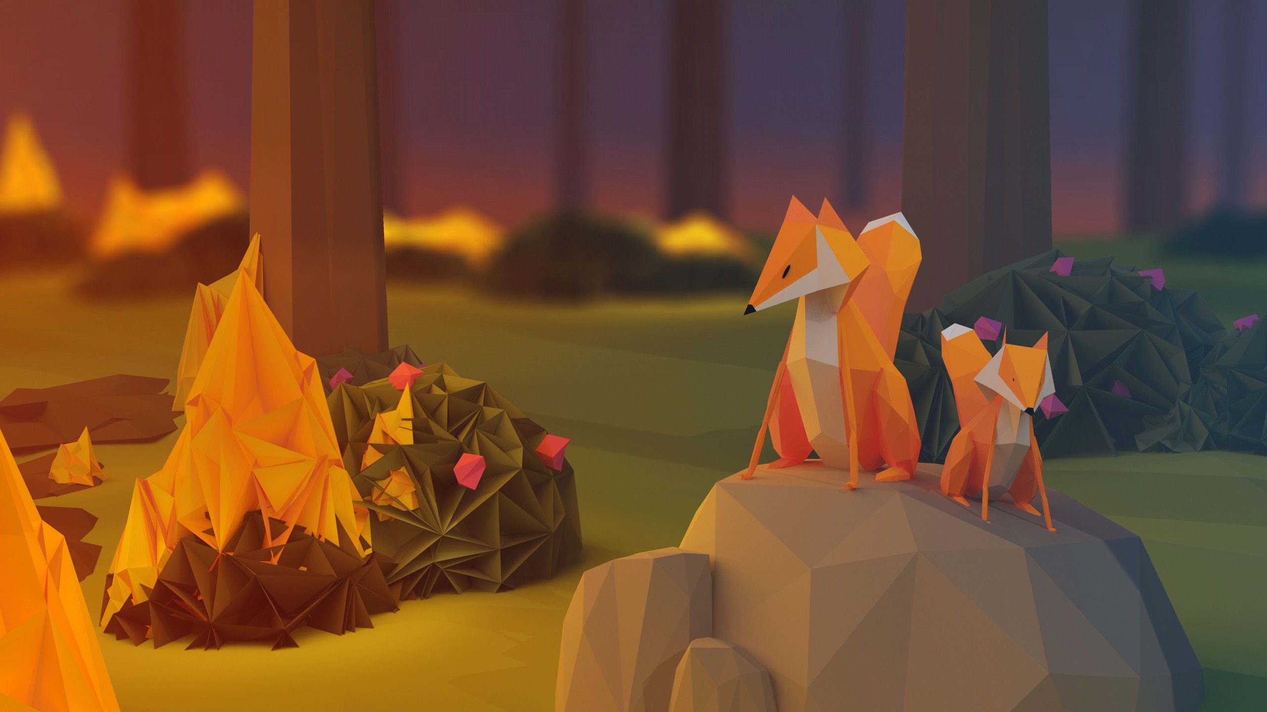 Anime Paper Poly Anime Fire Anime Nature Fox Rock Low Poly Digital Art Stones Plants Trees Flowers B 2560x1440